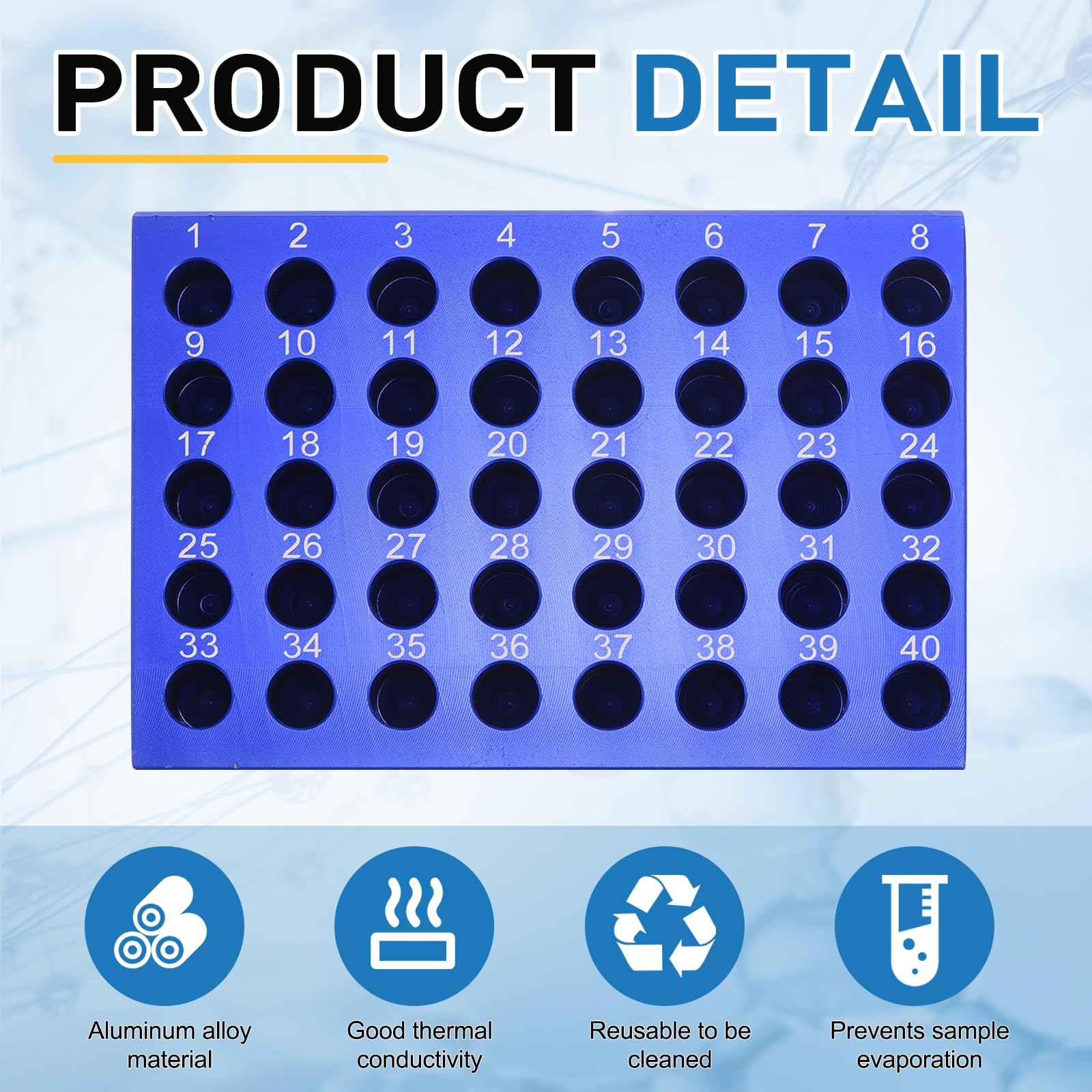 PATIKIL 40 Pozzi Porta Provette Microcentrifuga Raffreddato, Vassoio Piastra Coltura Tessuti, Blocco Raffreddamento Alluminio per Provette PCR 50ml, Attrezzatura Laboratorio, Blu