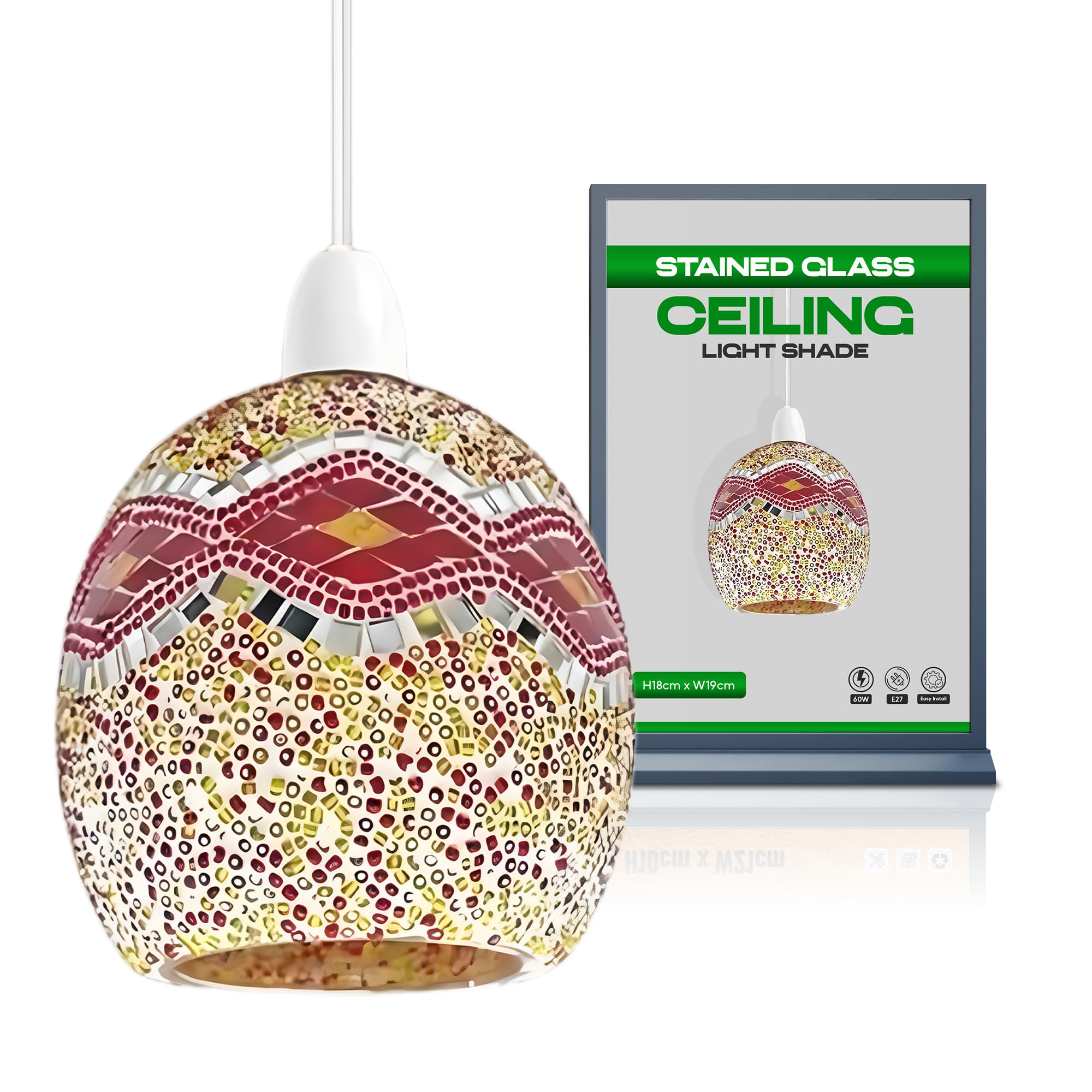 Ledsone Style 8 Vintage Mosaic Glass Pendant Light Shade Multi Color Flat Tempered Sphere Ceiling Hanging Lamp Fixture For Home, Bedroom, Café, Restaurant Decor Lighting (Style 8)