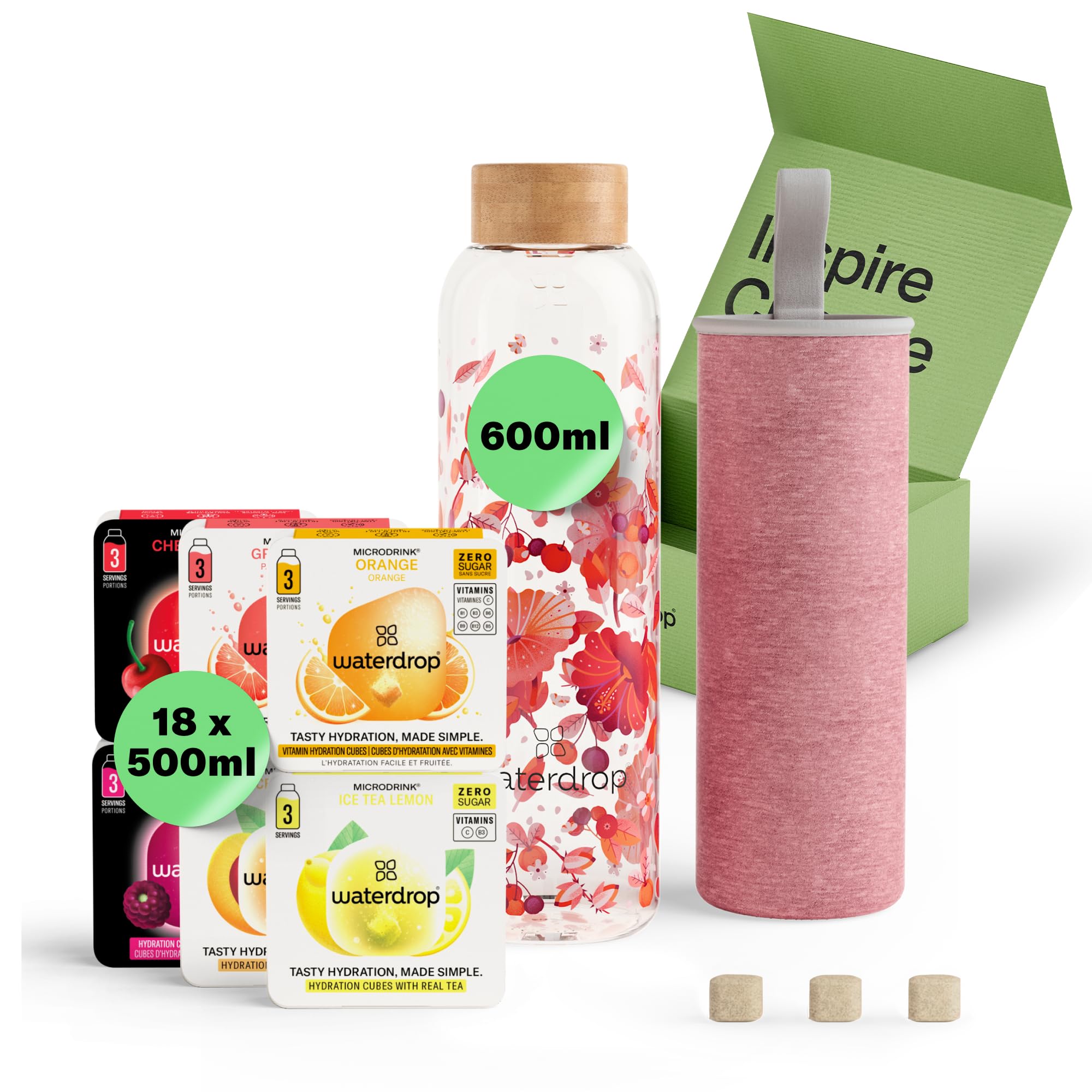 waterdrop® Glass Starter Set – 600ml Borosilicate Glass Bottle + 18 Sugar-Free Microdrink Hydration Cubes in 6 Flavours, Vitamin C & B Infused, BPA Free Water Bottle, Gift Set