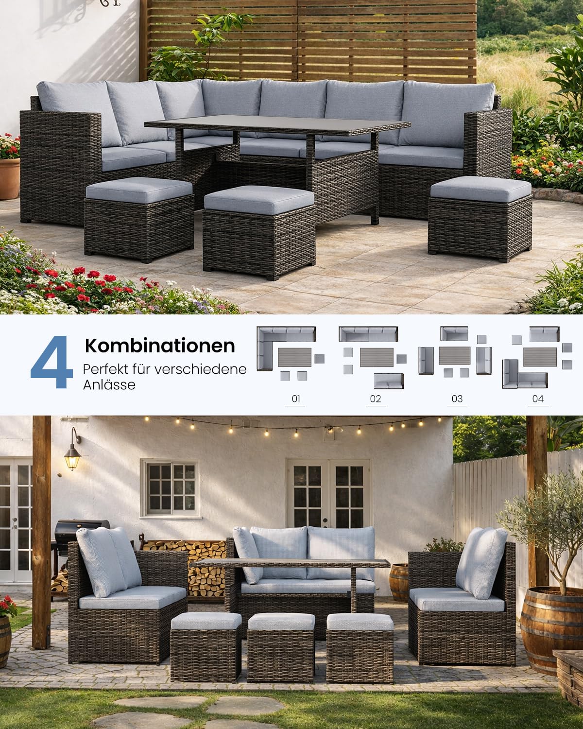 LANOX Polyrattan Gartenlounge Set 7-teilig für 8-10 Personen, Grau
