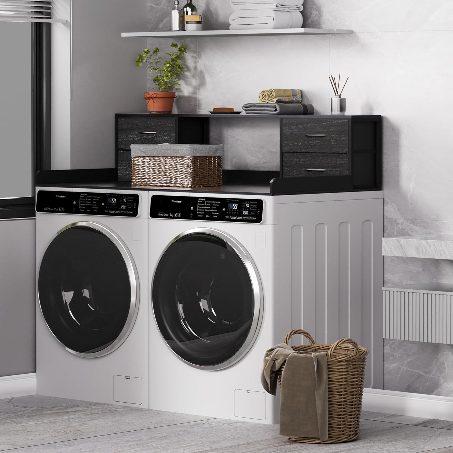 Washer and Dryer Countertop, 27.5“ D x 53.9“ W x 12.9“ H Solid Wood Washer and Dryer Countertop with Organizer Shelves with Four Drawers for Laundry Room Organization (Black)