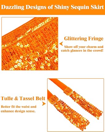 Sarfel Sequin Skirt for Women Sparkly Skirt for Women Shiny Tassel Skirts Glitter Belly Dance Hip Scarf Rave Outfit Halloween