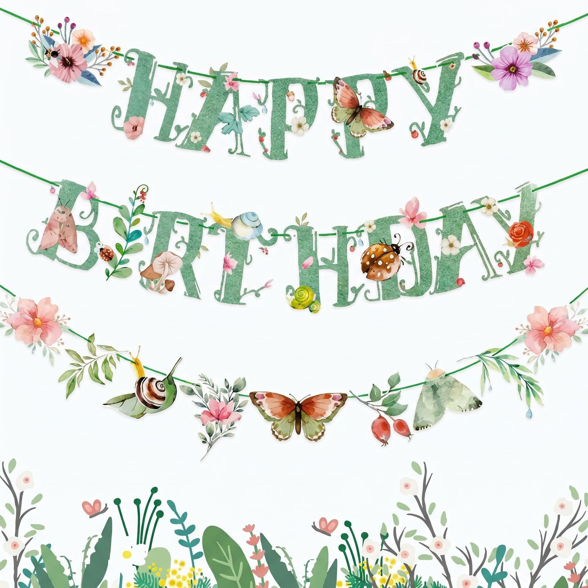 SINJAETRQ Wildflower Happy Birthday Banner, Floral Bunting for Women Girls, Paper Butterfly Garden Party Decorations Butterfly Garden Decor for Girls Women Baby Shower Wedding Tea Party
