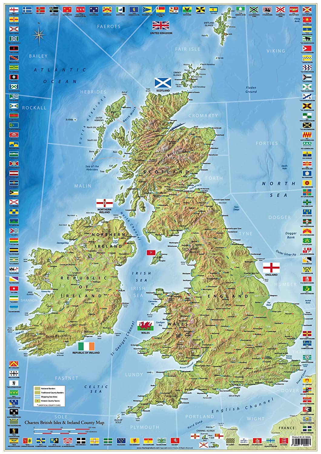 Chartex UK and Ireland County Map Poster | United Kingdom and Ireland County Flag Map Poster | Britain and Ireland Map Sea Topography and Shipping Areas Map (A1 Paper Format)