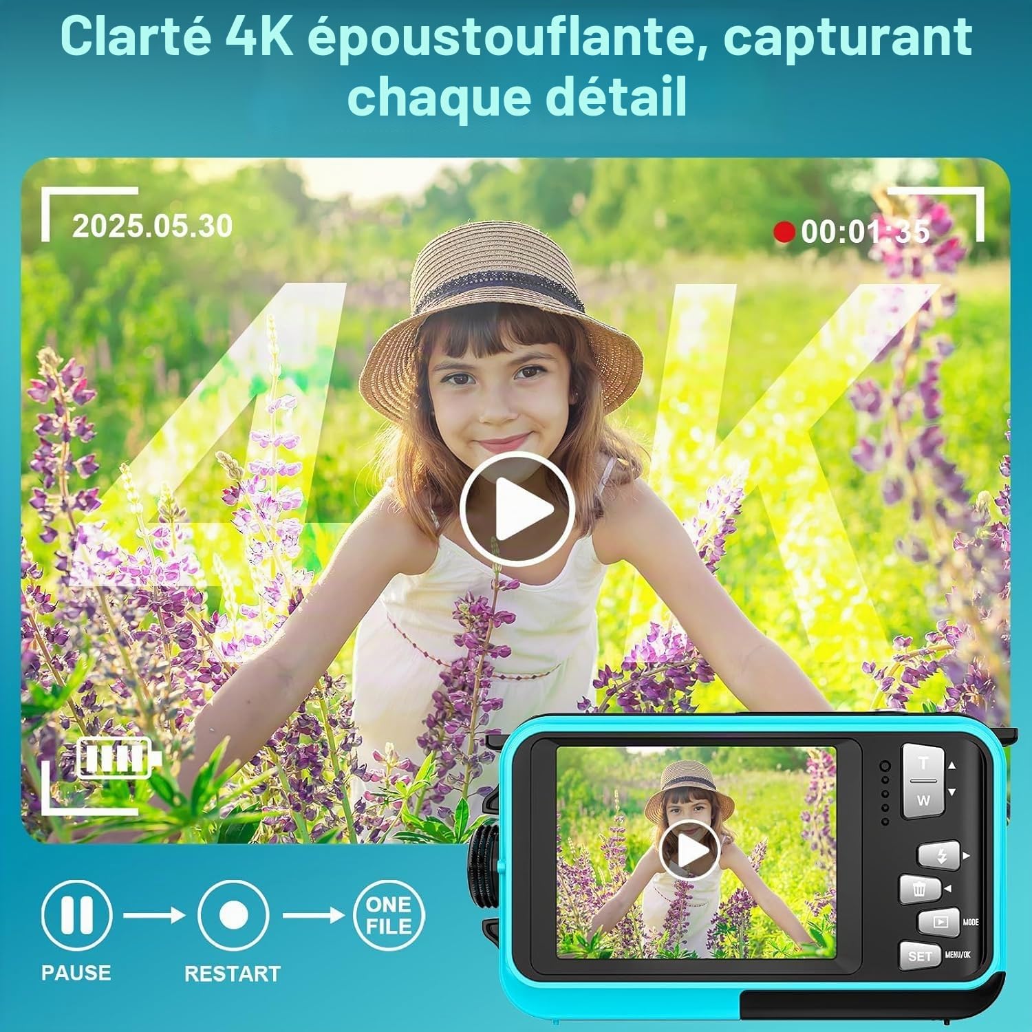 Appareil photo numérique sous-marin 4K 3,3 m étanche avec carte de 32 Go 56 MP Autofocus double écran Selfie pour la plongée avec tuba