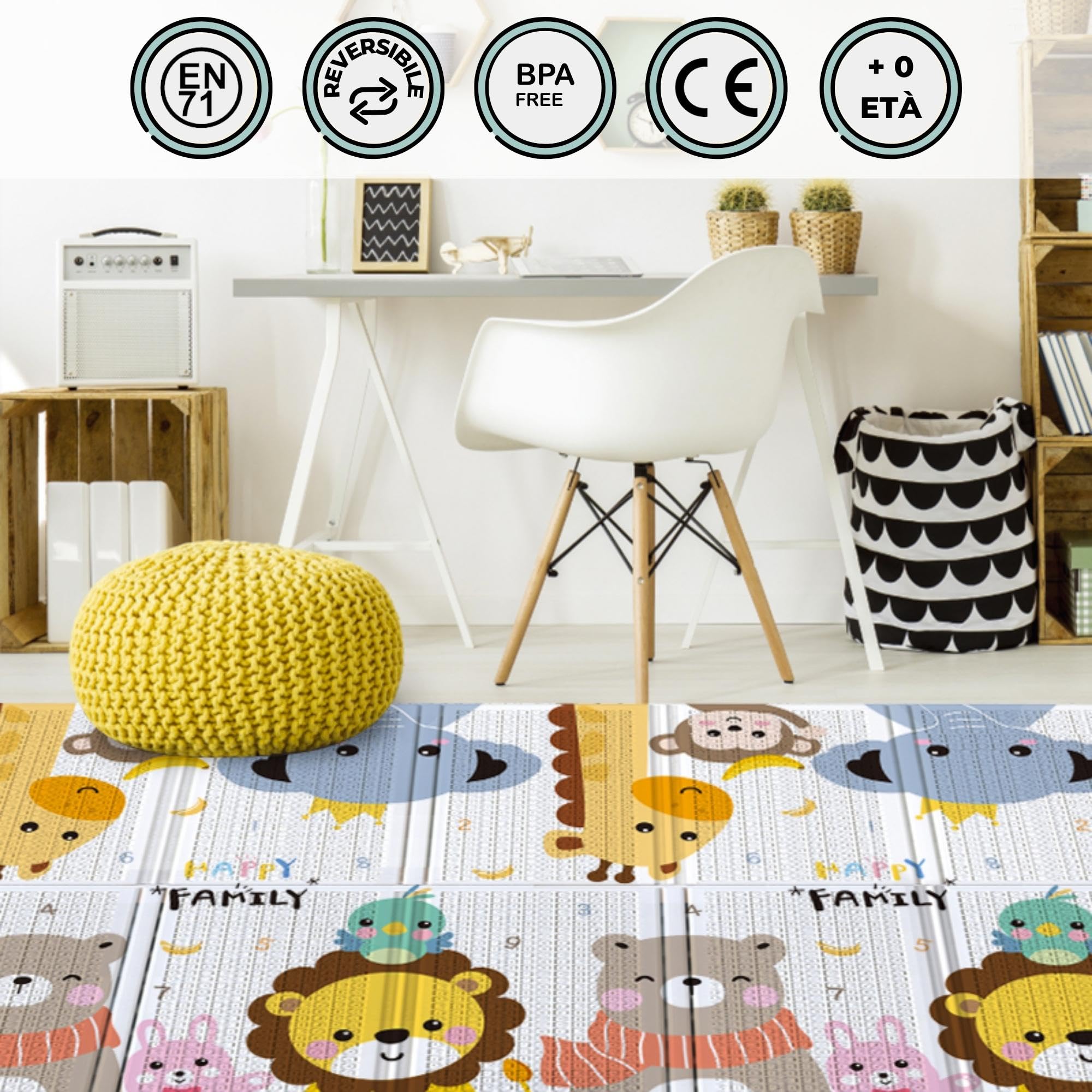 HuBorns - Tappeto Gioco Bambini Pieghevole 200x180 cm, Reversible, Impermeabile e con Bordi Cuciti, Tappeto Gioco Neonato per una Sicurezza Extra per il Neonato, Morbido Tappeto Neonato Gattonamento
