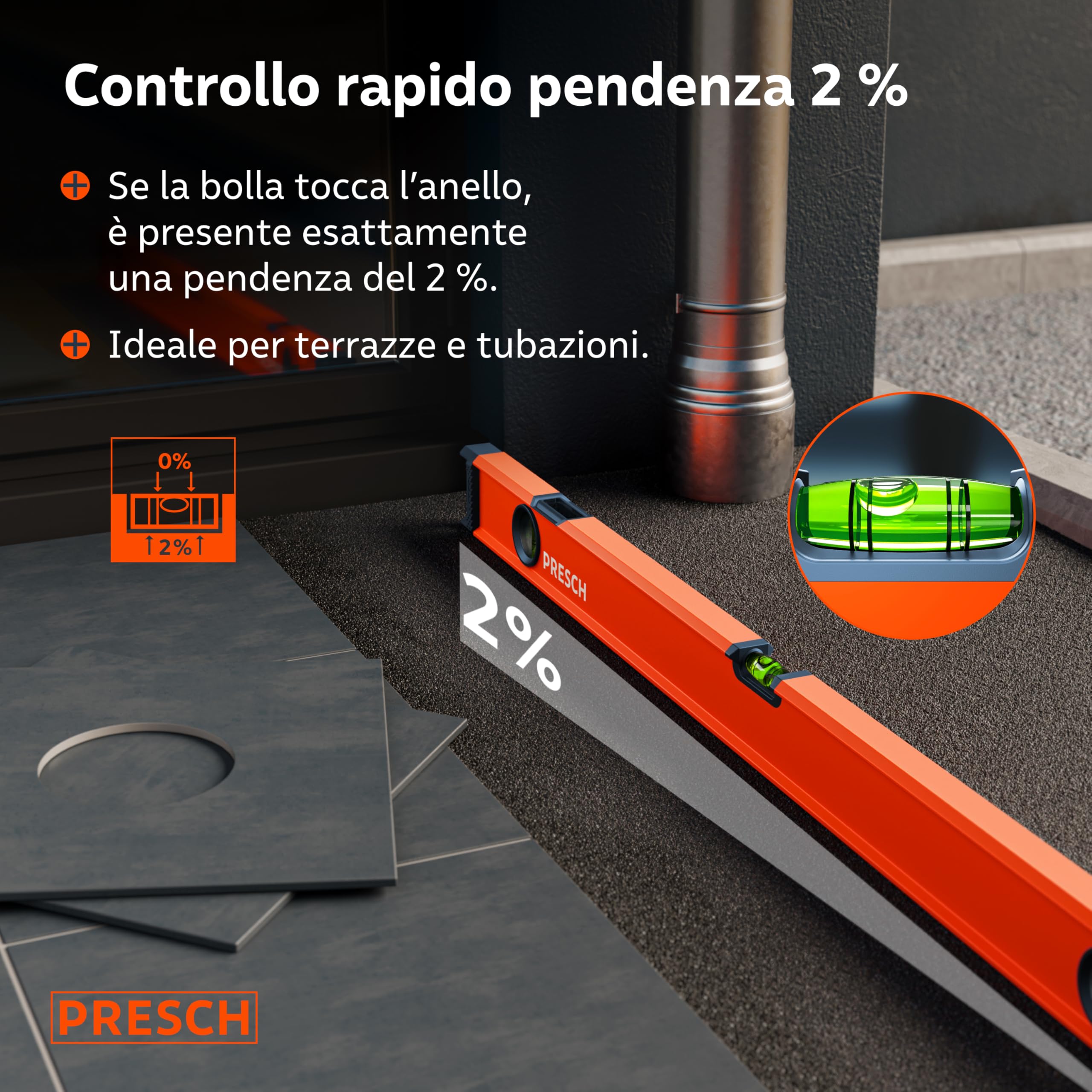 Presch Livella a bolla 60cm - Fiala infrangibile con pendenza 2% - Finestra di lettura verticale - Tappi antiscivolo innovativi - Superficie di misura precisa