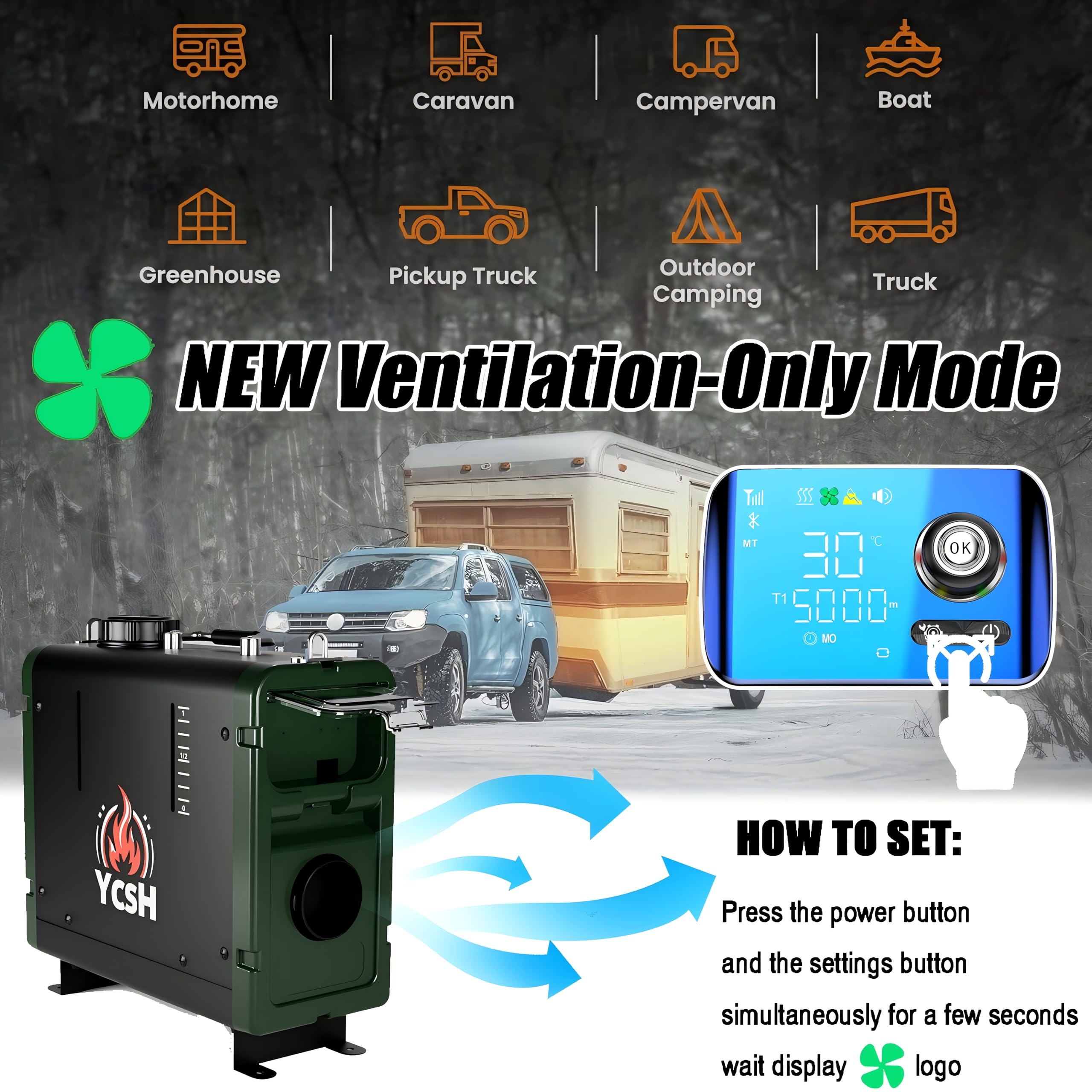 YCSH nagrzewnica na olej napędowy 2 kW 12 V CH22 V2, (Buletooth All-In-One CH22 2KW)