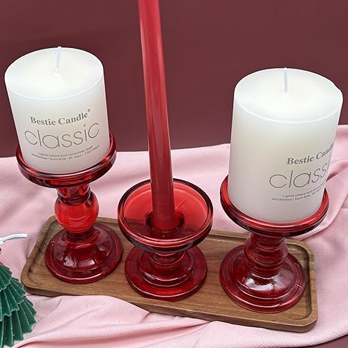 Miniatura 6 de Juego de 3 portavelas de cristal rojo, centro de mesa decorativo para velas cónicas de pilar, velas de té