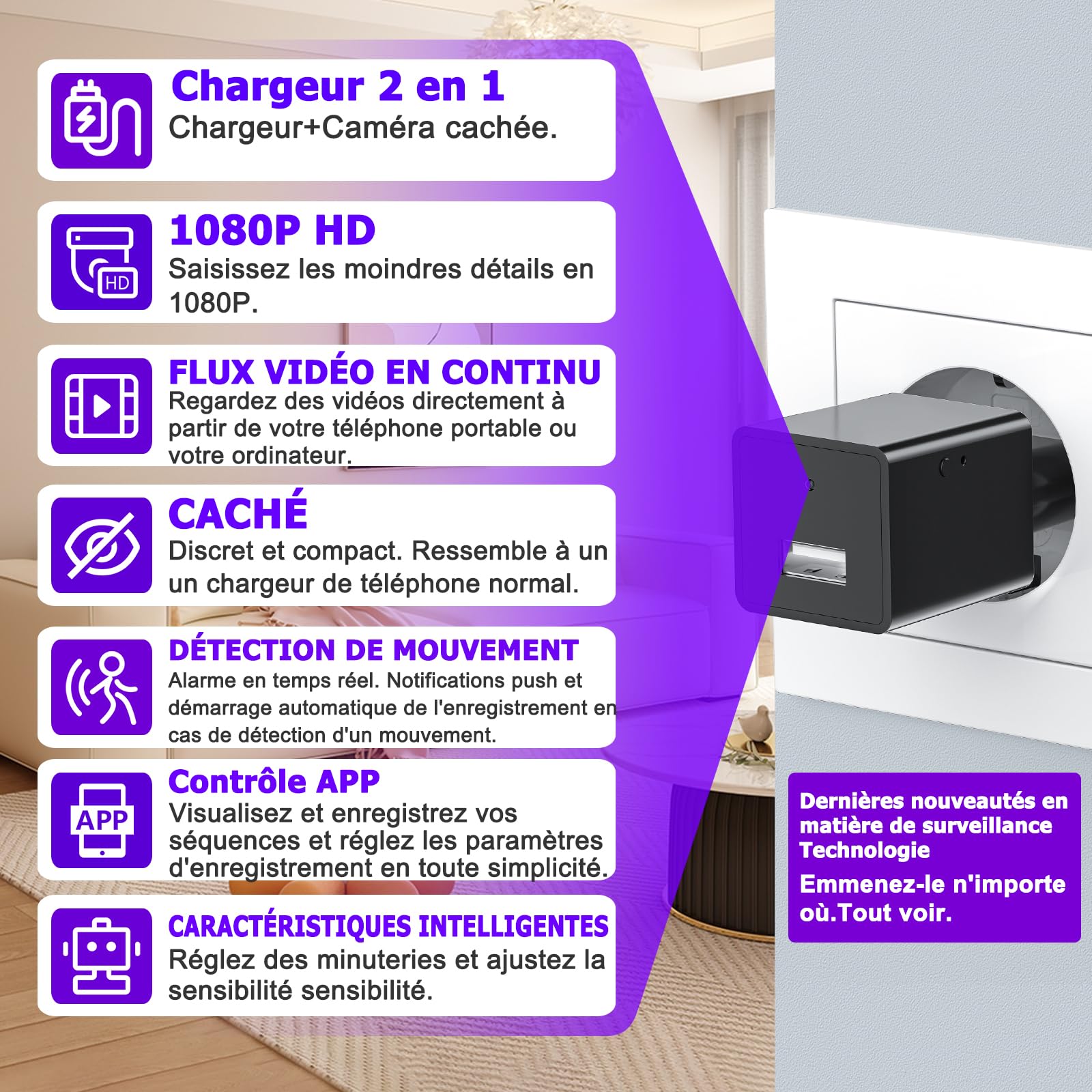 Camera Espion 1080P Camera Surveillance WiFi Mini Caméra Espion sans Fil Cameras Espion WiFi A Distance Discrete Micro Caméra Espion Spy Cam sans Fil Detecteur Mouvement