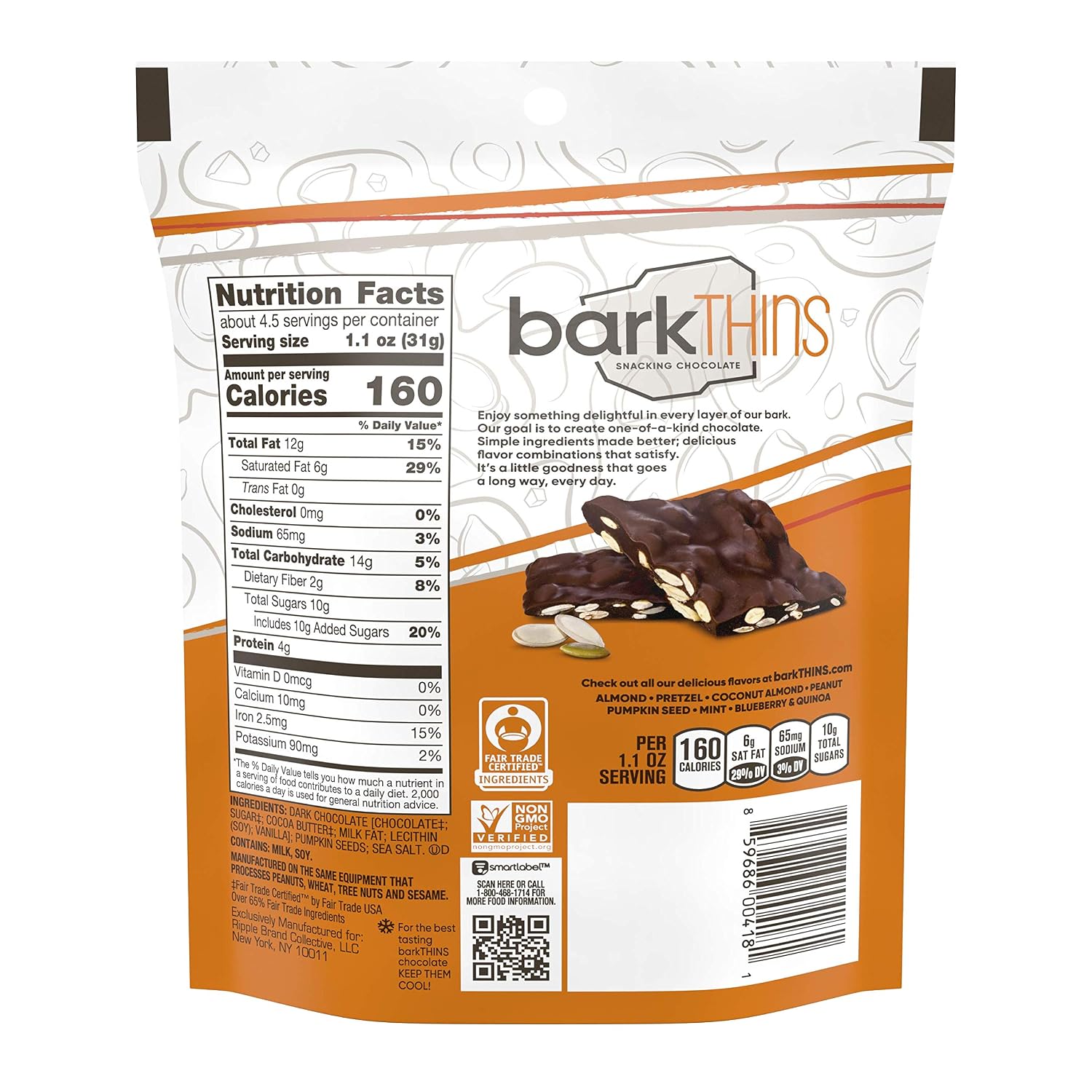 barkTHINS Snacking Dark Chocolate, Pumpkin Seed with Sea Salt, 4.7 Ounce (Pack of 6)