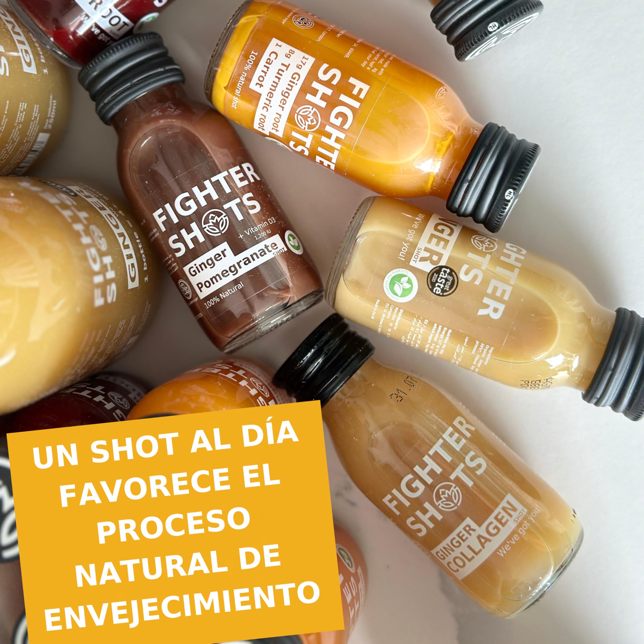 Fighter Shots de Jengibre Colágeno Marino (12x60ml) | Piel y Cabello más sanos | Fortalece el Sistema Inmunológico | 100% Natural | Sin Conservantes | Shots De Jengibre Fresco e Intenso