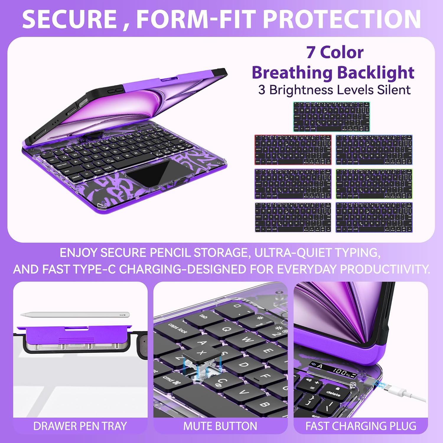 JJM 360° Rotating Multi-Touch Trackpad, Transparent Case with Wireless Keyboard, Magnetic Pencil Holder (Y2K Transparent Purple, iPad (A16) 11th & iPad 10th)