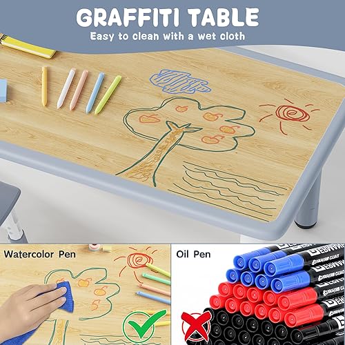 Miniatura 12 de Brelley Juego de mesa y 4 sillas para niños, juego de mesa y silla para niños pequeños, escritorio de graffiti, patas antideslizantes, máximo 300