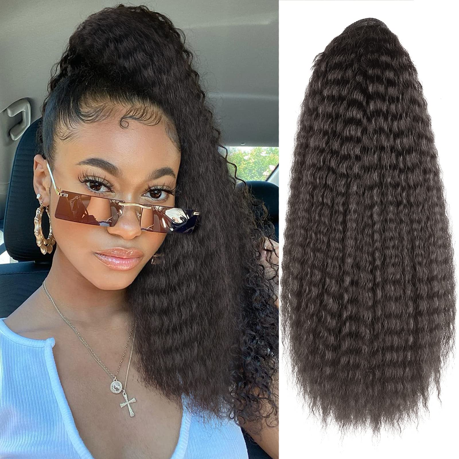Aisaide Hair Ponytail for black women Long Curly Yaki Straight Ponytail with Corn Wave Ponytail Extension Natural Black Curly Ponyatil Straight Hair Extension with Curls