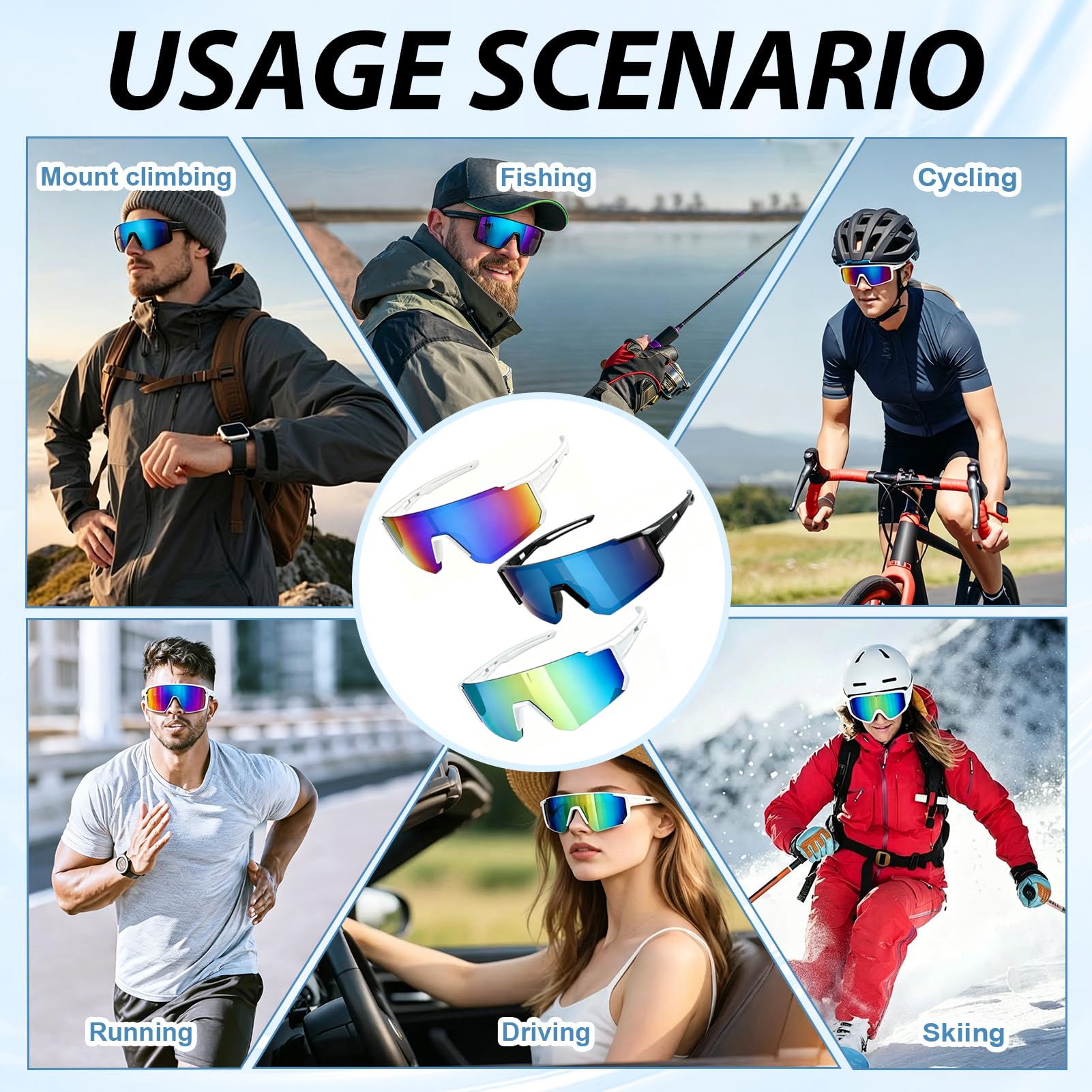 Lot de 3 Lunettes de Vélo Non Polarisées Sport Homme Femme, Lunettes de Soleil Running UV400 Protection Anti-UV, Accessoire Cyclisme pour Course à Pied Triathlon Moto Golf Plein Air