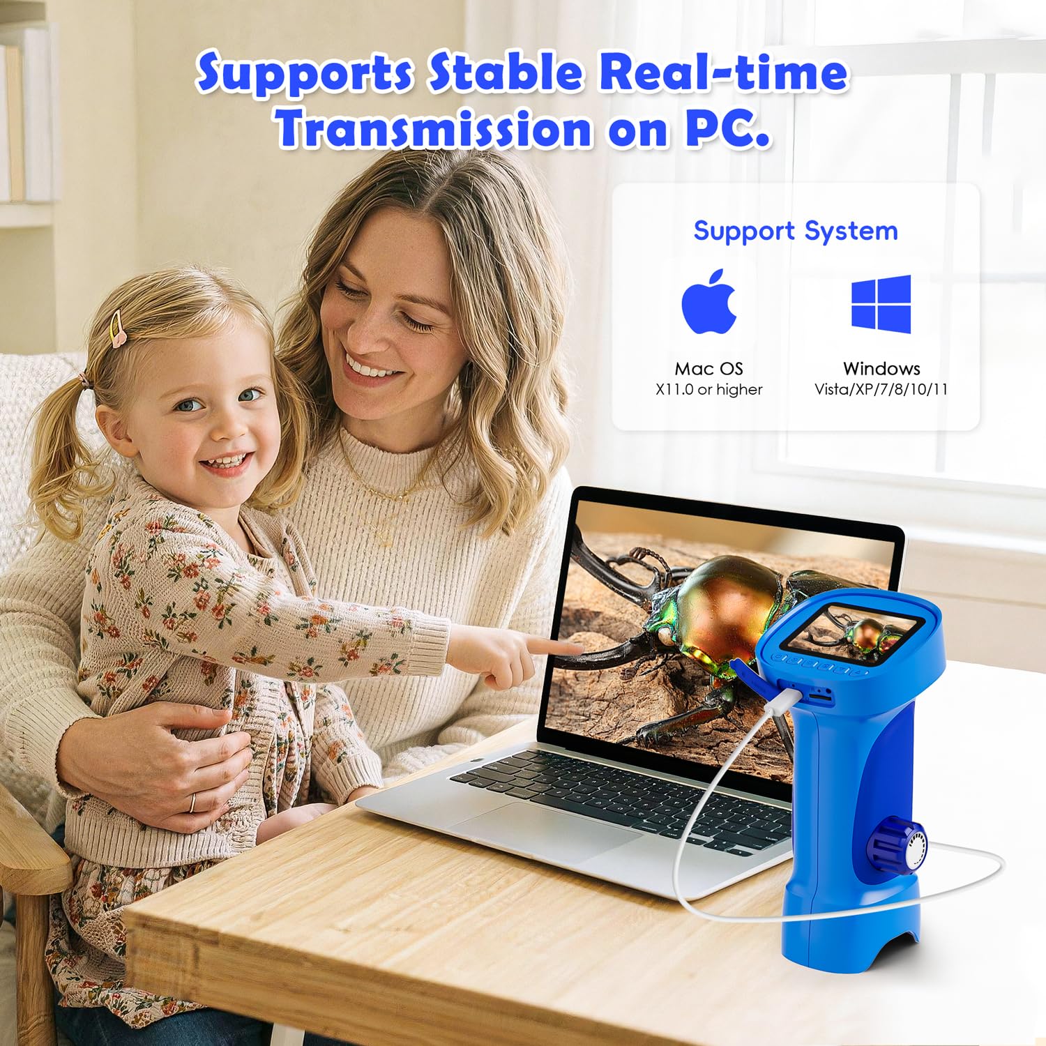 Microscopio para Niños, Ahalfcit Microscopio Digital con Pantalla HD IPS 2.4", 1000X Microscopio Niños Portátil, Juguete Exploración Natural, Regalo Stem para Niños 3-12 Años (Azul)