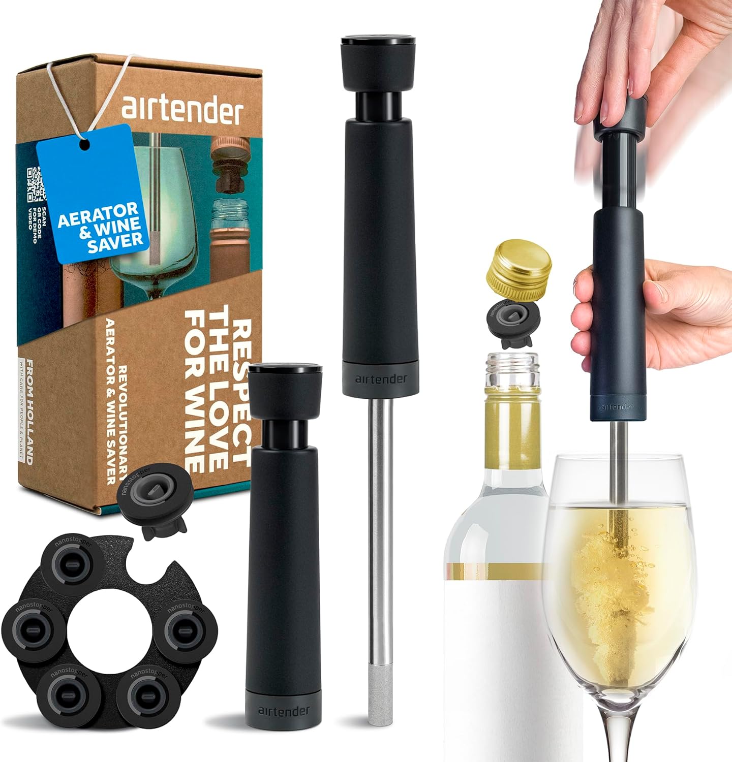 Airtender Winemaker and Vacuum Set - Vacuum Pump - 6 Wine Stoppers - Gift Box
