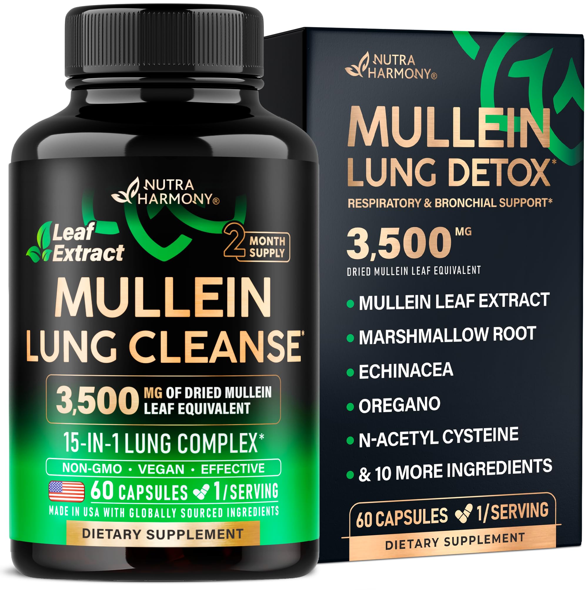Mullein Leaf Extract for Lung Detox - Marshmallow Root | Echinacea | Oregano | Quercetin | NAC - 15-in-1 Lung Support & Cleanse for Smokers Supplement - Made in USA - As Drops, Tincture - 60 Capsules