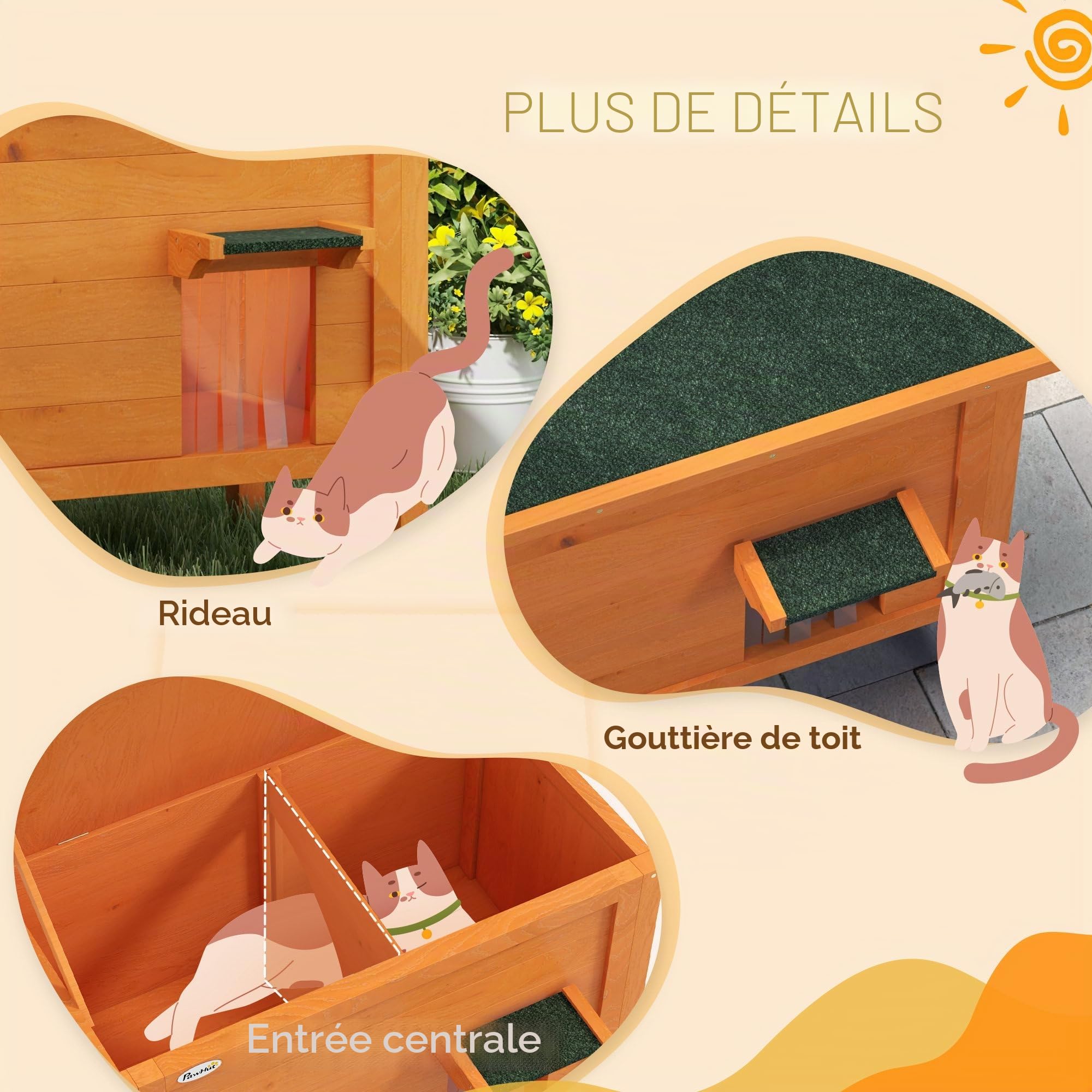 PawHut Maison pour Chat extérieure, 85 x 50 x 68.5cm, Orange | Maison chatons bois isolée pour chats errants, sol amovible, toit ouvrant résistant à l'eau