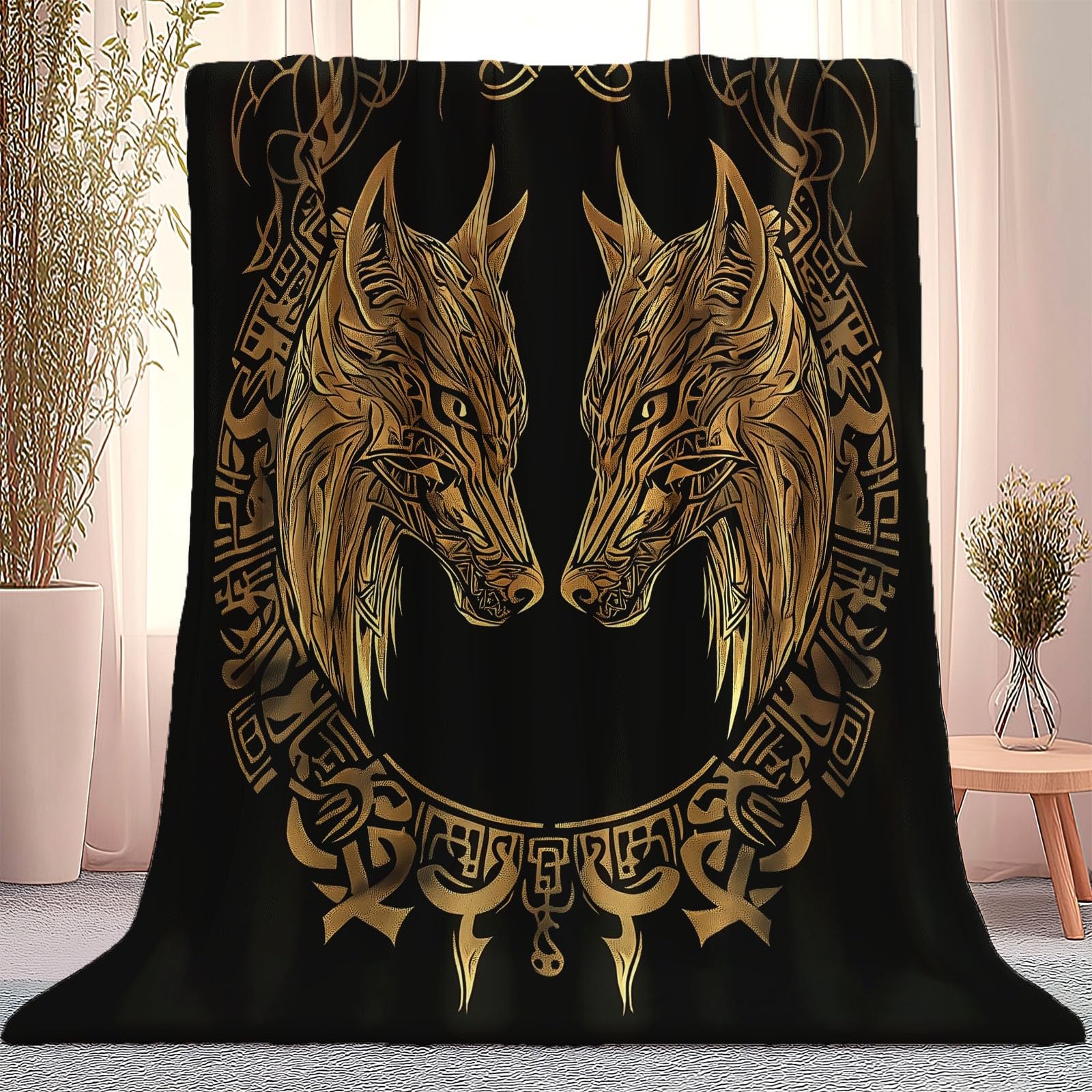 Manta Polar de Franela de Microfibra Animales Tradicionales Pintados A Mano Mantas Impresas para la Siesta del sofá, para sofá Cama, Dormitorio, Sala de Estar 180 x 200 cm, Negro Dorado
