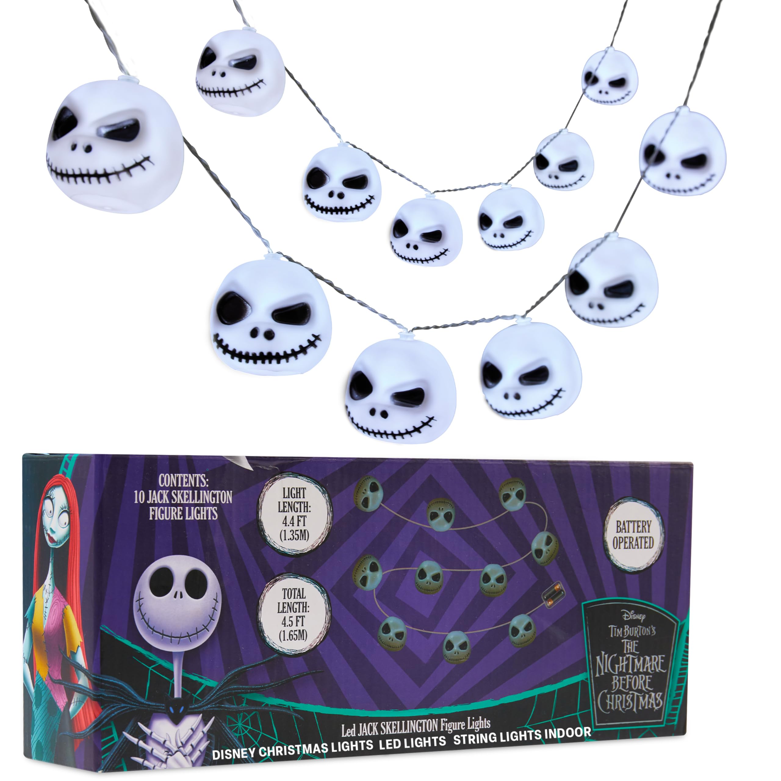 Disney Nightmare Before Christmas LED Lichterkette Innen, 10-Tlg., Batteriebetrieben, 165cm für Schlafzimmer & Deko, Geschenk für Kinder & Erwachsene (Weiß Nightmare Before Christmas)