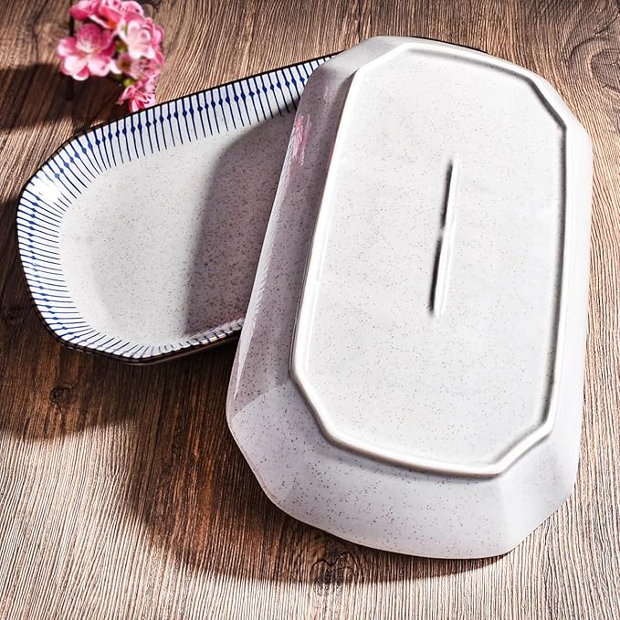 Set de 2 Platos Rectangulares Japoneses de Cerámica con Diseño de Líneas Azules miniatura 3