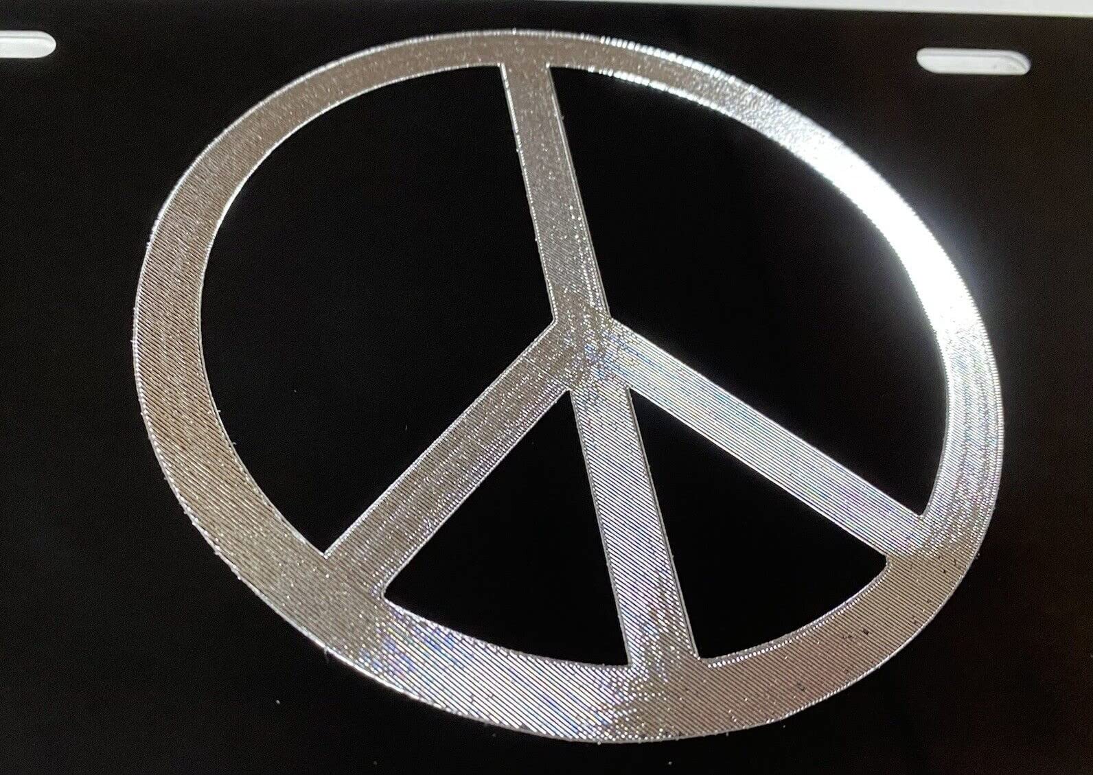 Engraved Peace Sign Car Tag Diamond Etched Silver on Black Aluminum Vanity License Plate