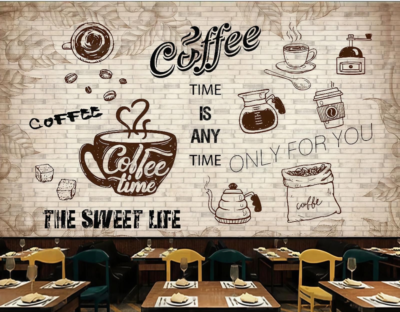 XDOUBAO Wallpaper Nostalgic Brick Wall Hand-Painted English Coffee Theme Bar Drink Shop Afternoon Tea Western Restaurant Background Wall Wallpaper Coffee Shop Mural,3D,250x175cm