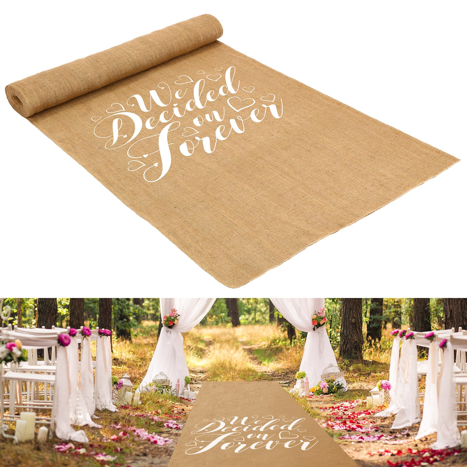 Tudomro 40 Inch x 15 Ft Extra Long Natural Burlap Wedding Aisle Runner Outdoor Jute Burlap Aisle Runner for Wedding Ceremony Rustic Indoor Carpet for Walkway (We Decided On Forever)