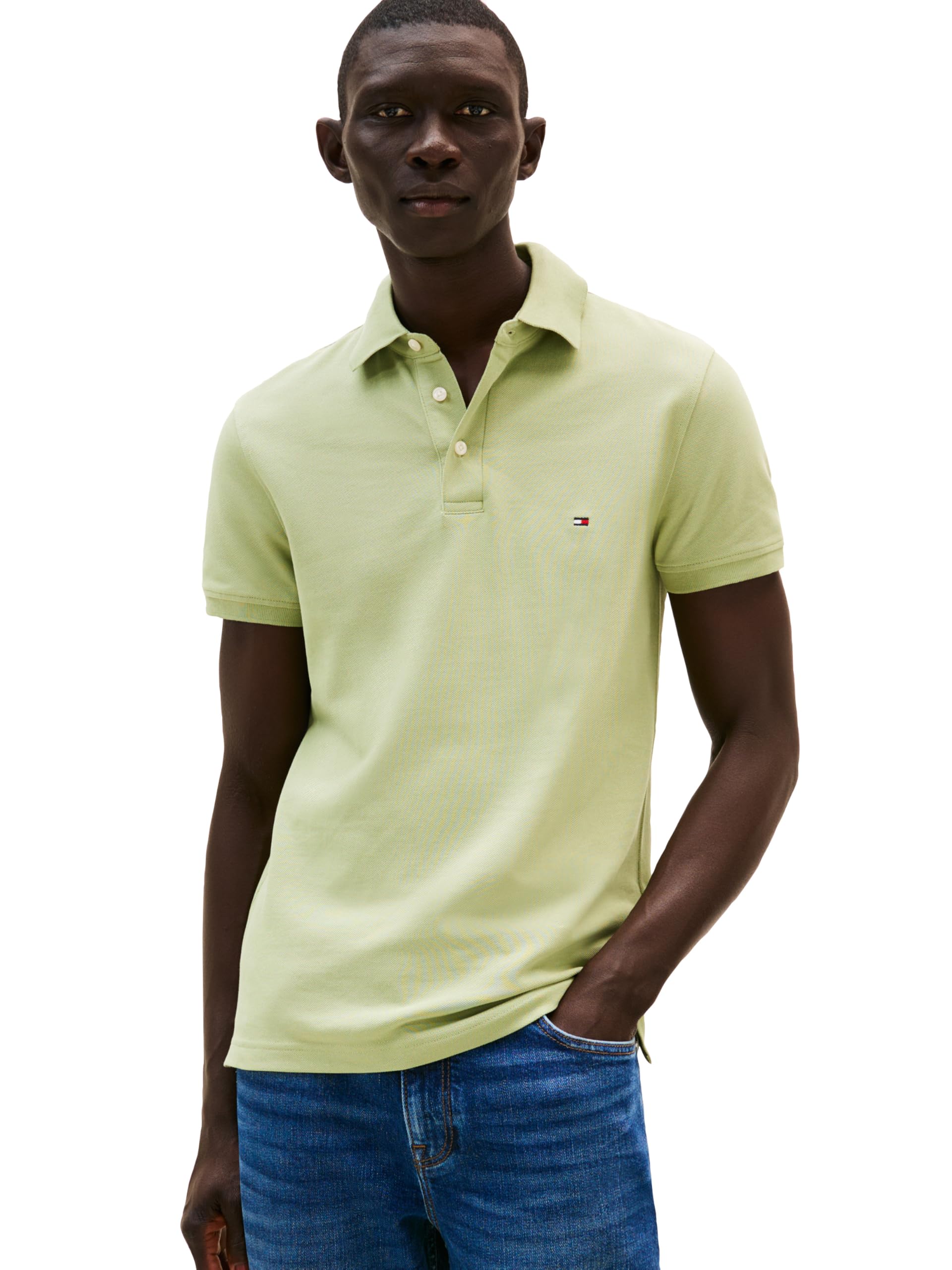 Tommy Hilfiger Polo à Manches Courtes pour Homme Coupe ajustée avec Stretch et Coton piqué Bio Polo à Manches Courtes en Coupe ajustée avec Coton piqué Stretch et Bio, Sauge de la, M