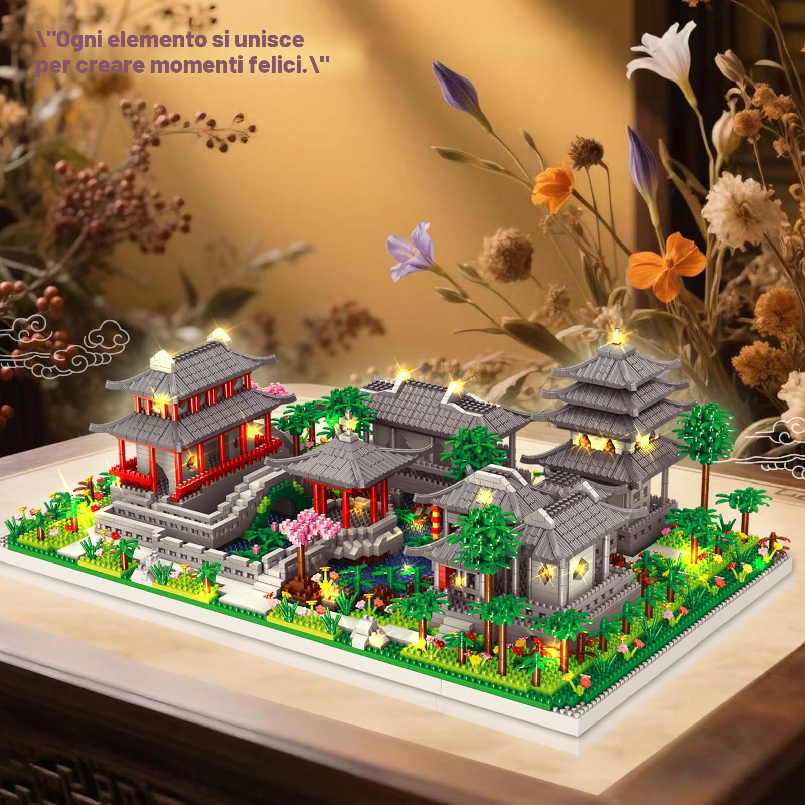 HILKKET Mini Architettura Cinese di Suzhou Garden, 3930 PCS Suzhou Garden Micro Mattoncini da Costruzione con Luci, Classico Cinese Suzhou Costruzioni per Casa Bonsai