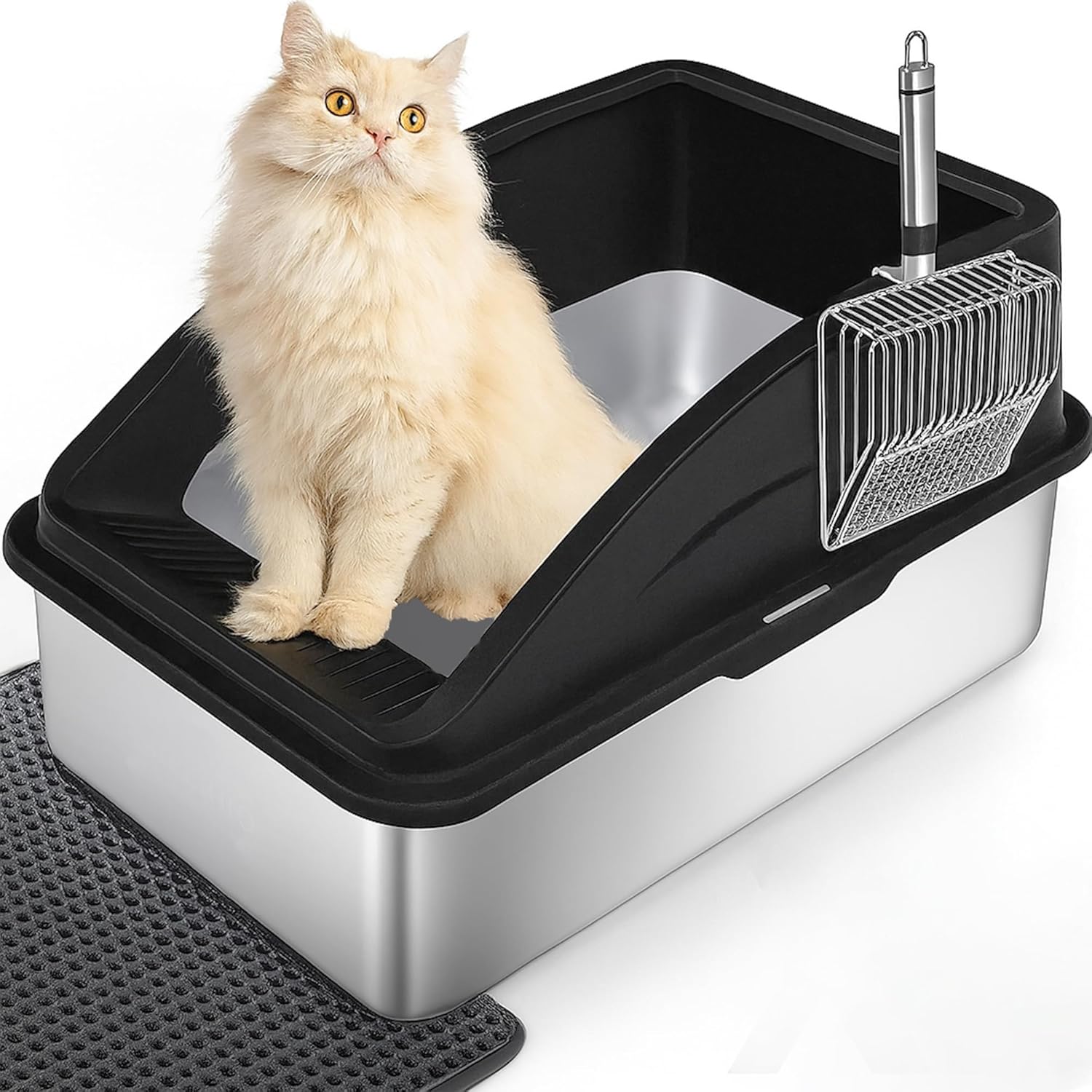 Stainless Steel Cat Litter Box with Enclosure, Extra Large Metal Litter Pan for Cats and Kittens, Anti Odor Sifting Kitty Litter Box with Cover, Shovel, Footboard & Pad (Black)