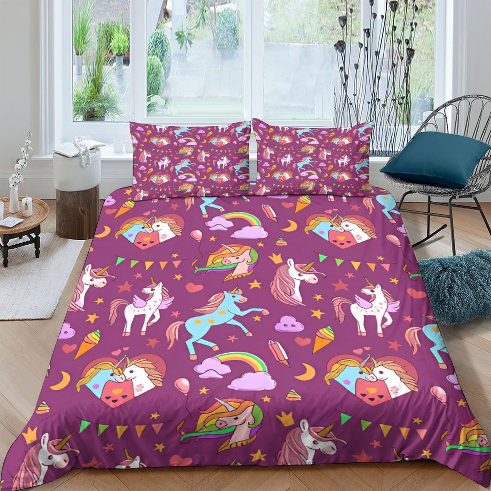 Housse de couette licorne arc-en-ciel 200x200 parure de lit microfibre dessin animé