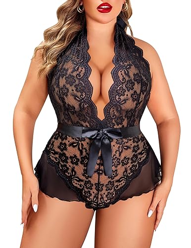Avidlove Plus Size Lingerie for Women Deep V Neck Teddy Lingerie Halter Lace Bodysuit Nightgown - 24 Plus - Black(plus Size)