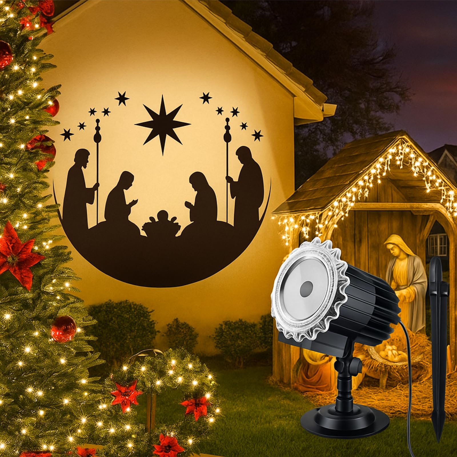 Tuanse Weihnachten Outdoor Krippe Projektor Lichter LED Flutlicht Urlaub mit Sternen für Weihnachtsfeier Garten Landschaft Dekoration