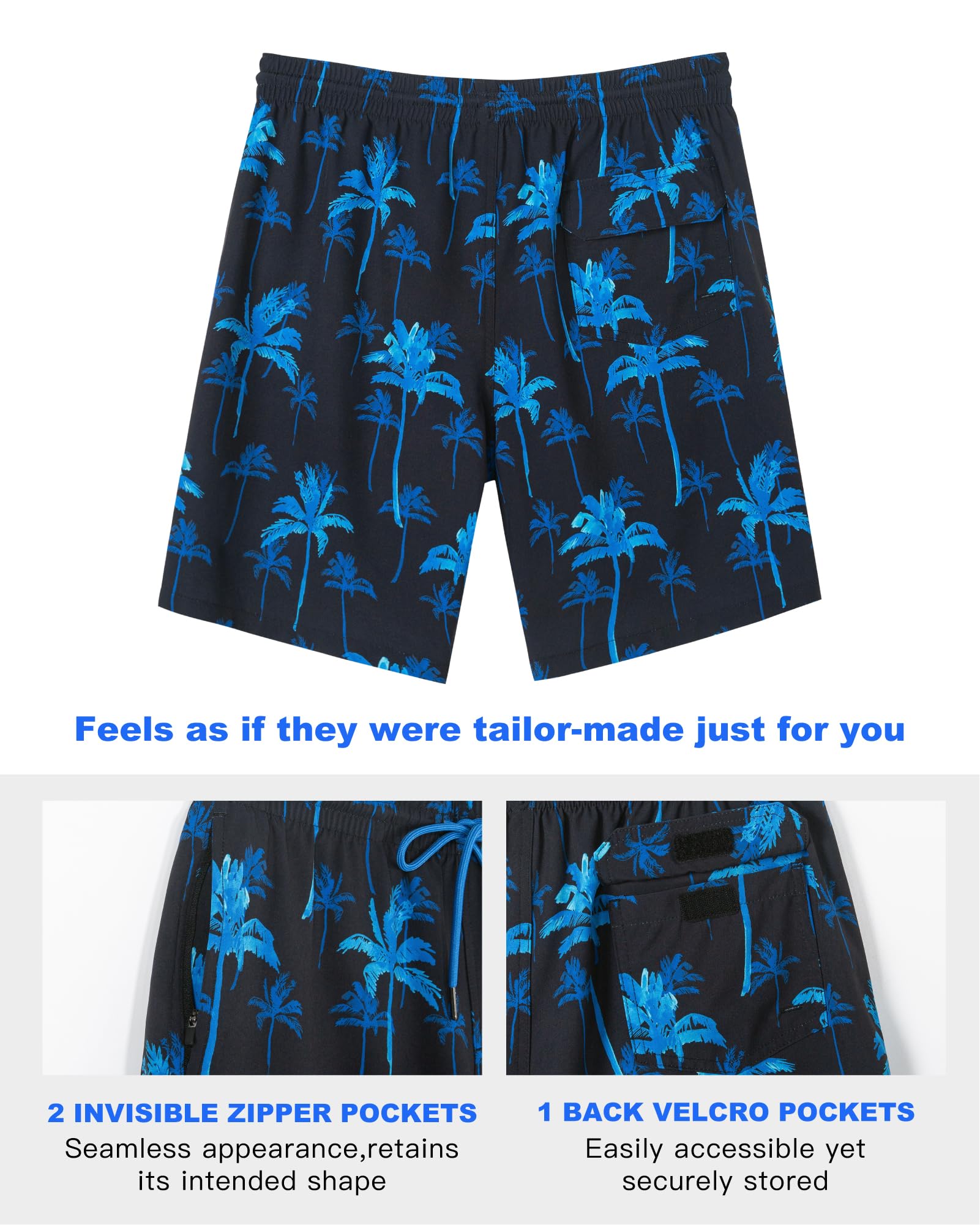 SURF CUZ Mens Swim Trunks with Compression Liner Swimming Shorts 2 in 1 Stretch Quick Dry Zipper Pockets, Ocean Palm|L - Image 3 thumbnail