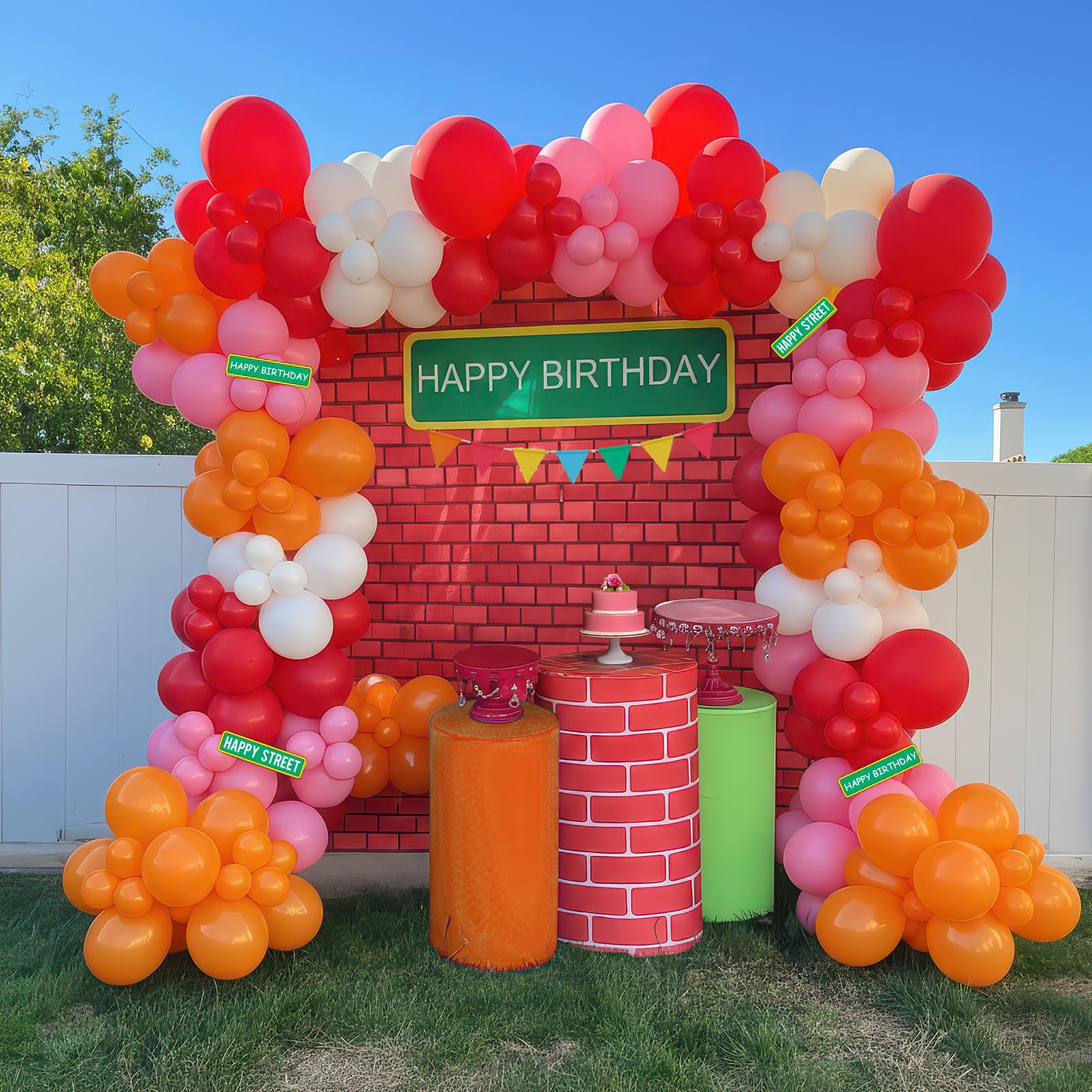 Sesame Friends Birthday Party decorations Cartoon Theme primary color Balloon Garland Kit Red Orange Pink White Latex Balloon Arch With background For kid birthday supplies Back to School decorations