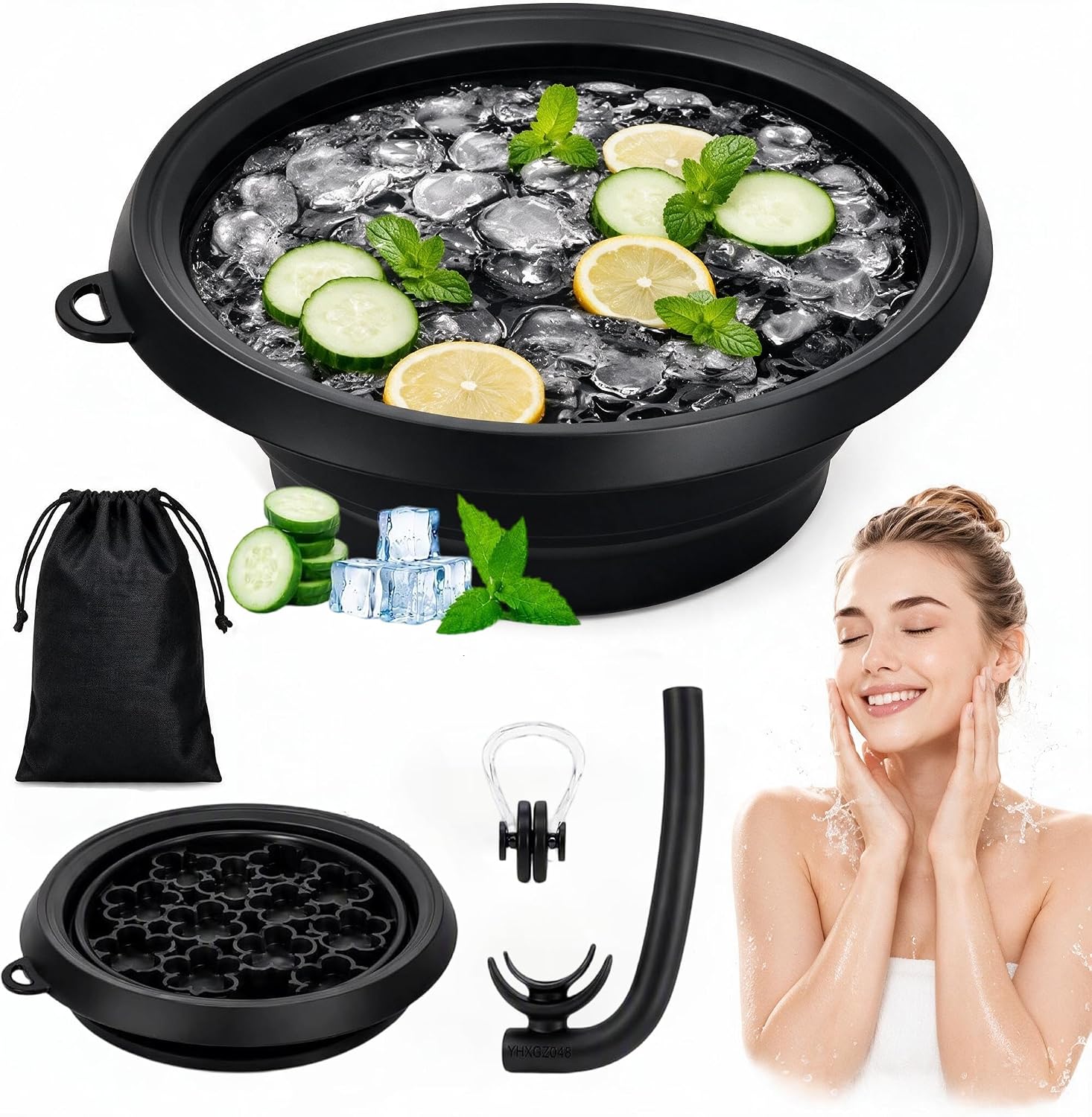 Ice Face Bowl with Breathing Tube & Built in Ice Tray – Collapsible Silicone Facial Ice Bath for Cold Plunge Therapy, Skin Tightening, Puffiness Reduction & Acne Relief