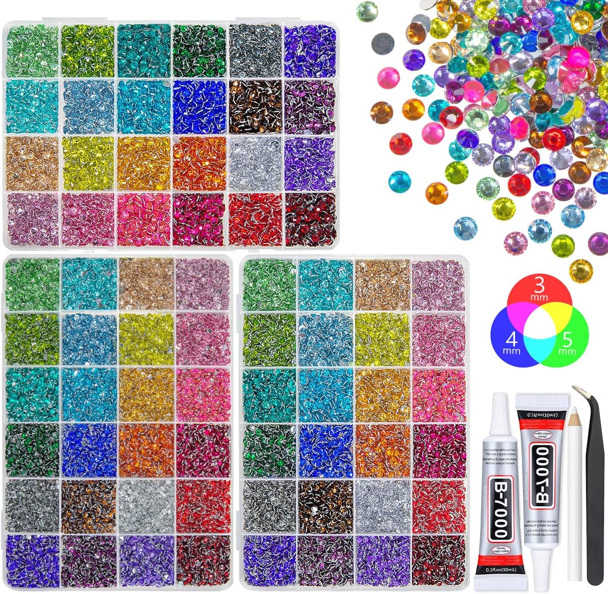 qiipii 3 Boxes 24 Color 3mm 4mm 5mm Crystal Resin Rhinestones for Bedazzling Crafting Flatback Colorful Stones Gems Diamonds Charms for Nails Face Makeup Tumblers Bottles Crafts Clothes Shoes Phones