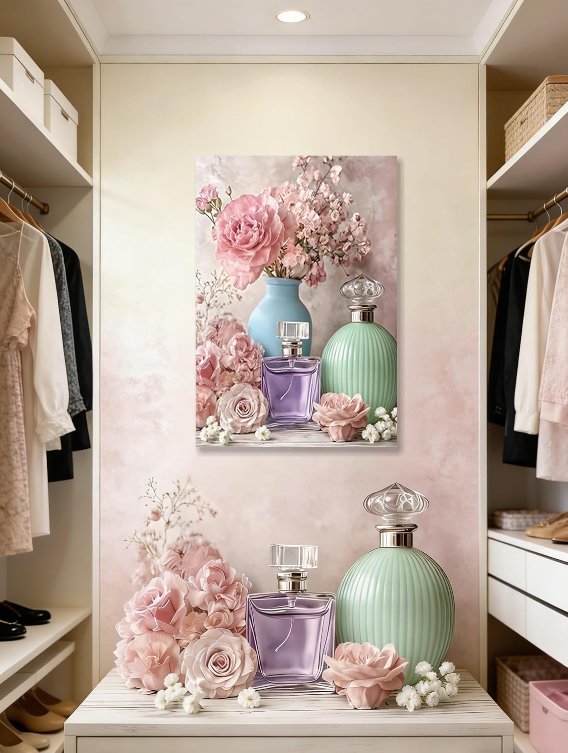 Vintage Elegant Pink Rose Floral & Perfume Bottle Canvas Wall Art Painting image 2
