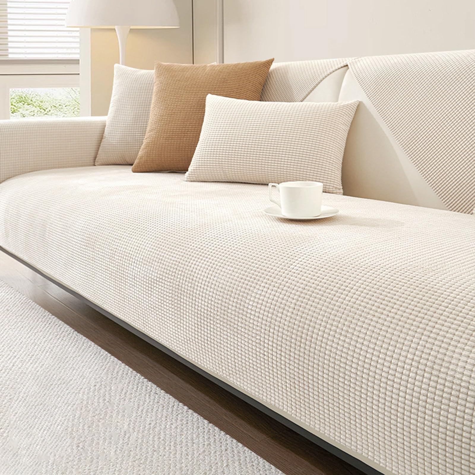 Funda Sofa Impermeable, Apta para Mascotas y Lavable, Cubre Sofa 3 Plazas Resistente al Desgaste, de Peluche, Protector Antideslizante para Sofás Modulares y Esquinero(Beige,90 X 160 cm)
