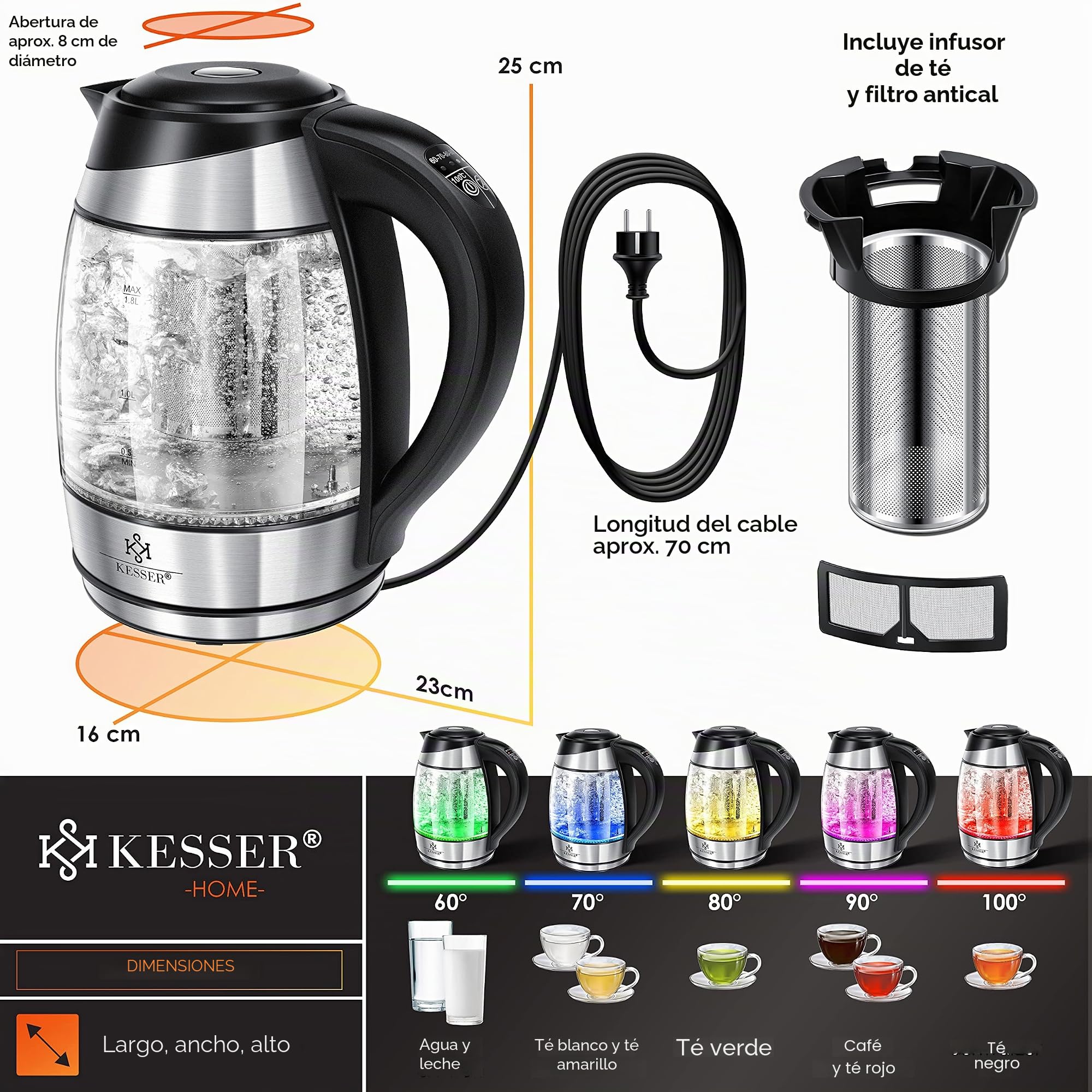 KESSER® 1,8L Hervidor de agua de acero inoxidable con filtro para té y filtro antical | Hervidor con iluminación LED - Color según la elección de temperatura 60, 70, 80, 90, 100 °C