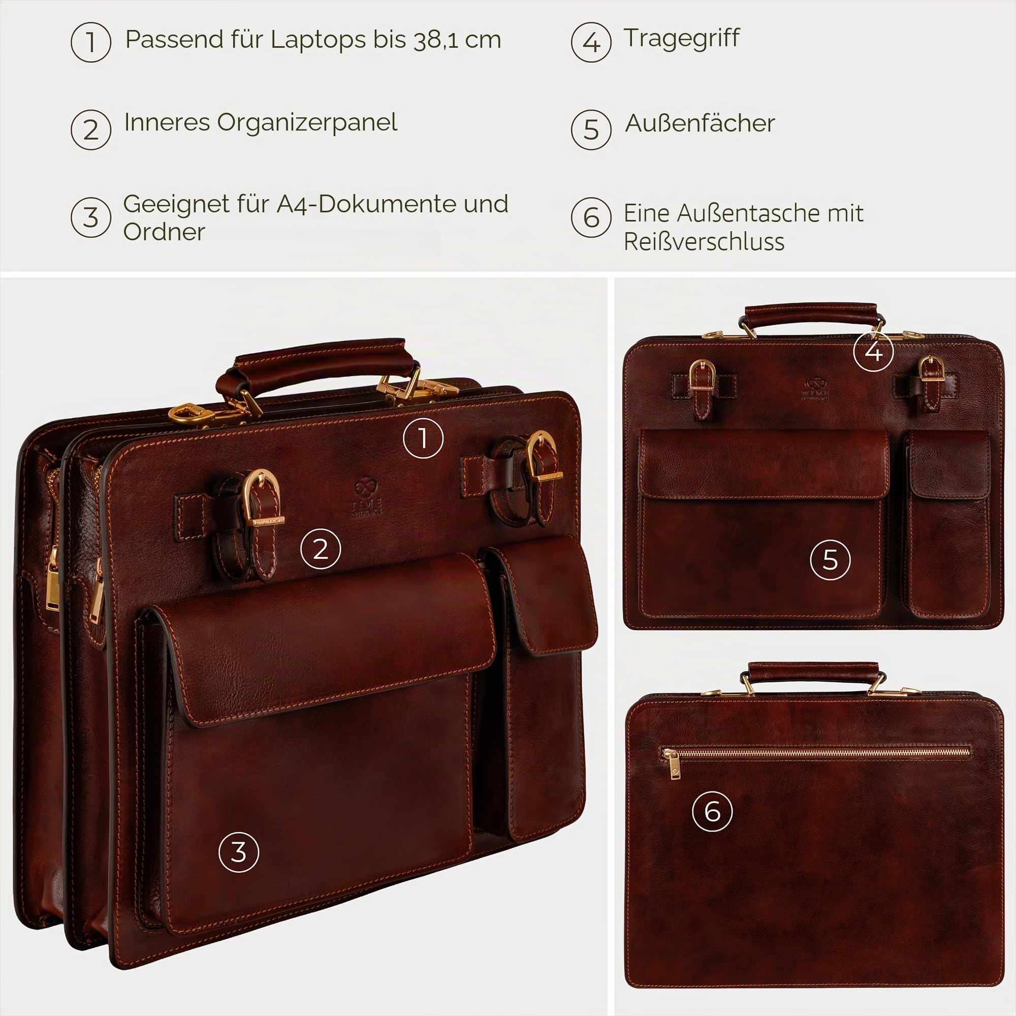 Zeitbeständigkeit Leder-Aktentasche – edle Ledertasche für Herren – Business-Aktentasche – Vintage-Aktentasche