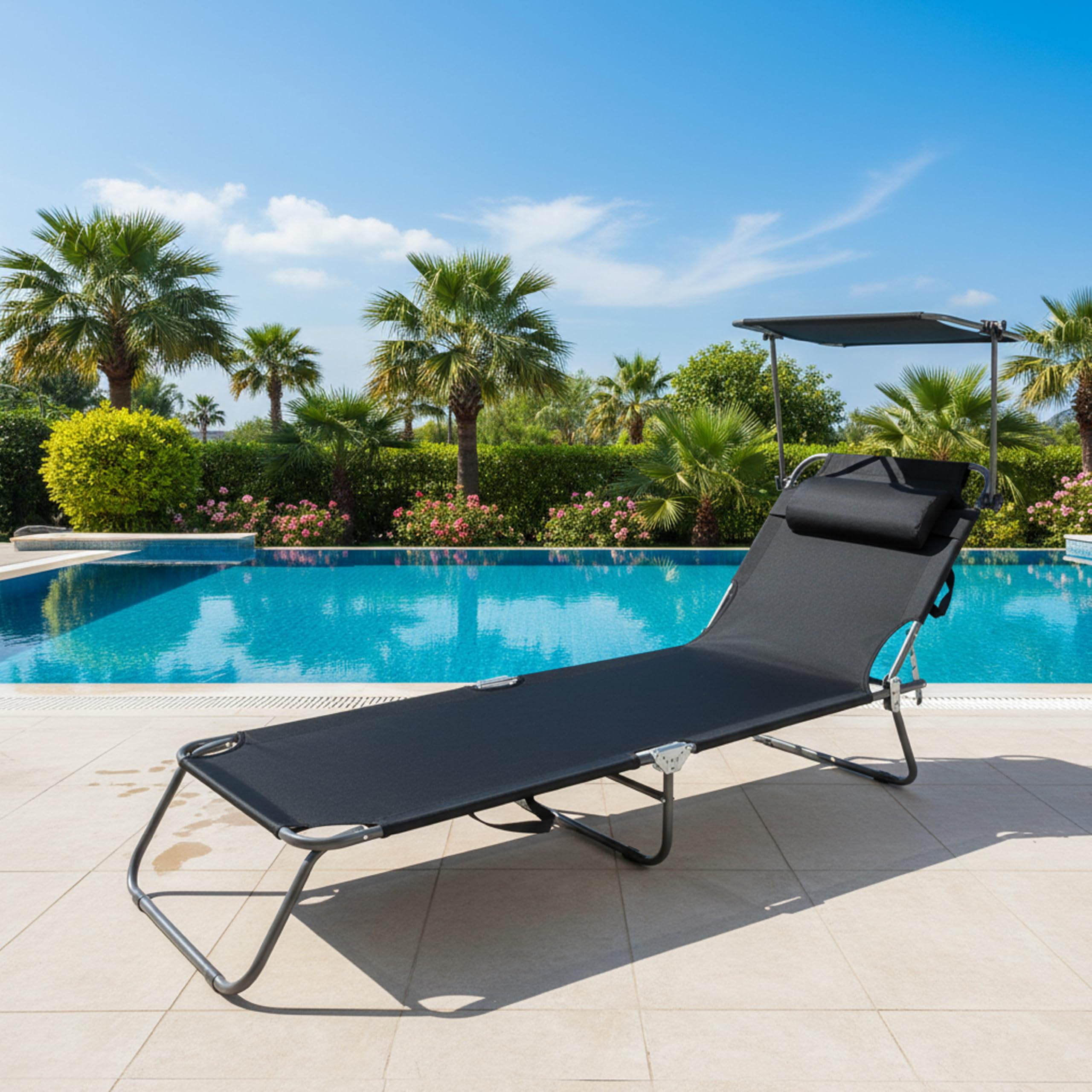 Baroni Home Chaise longue pliable et inclinable avec pare-soleil réglable à 360° et coussin amovible, chaise longue en métal avec tissu hydrofuge, charge maximale 110 kg, 186 x 55 x 24 cm, noir