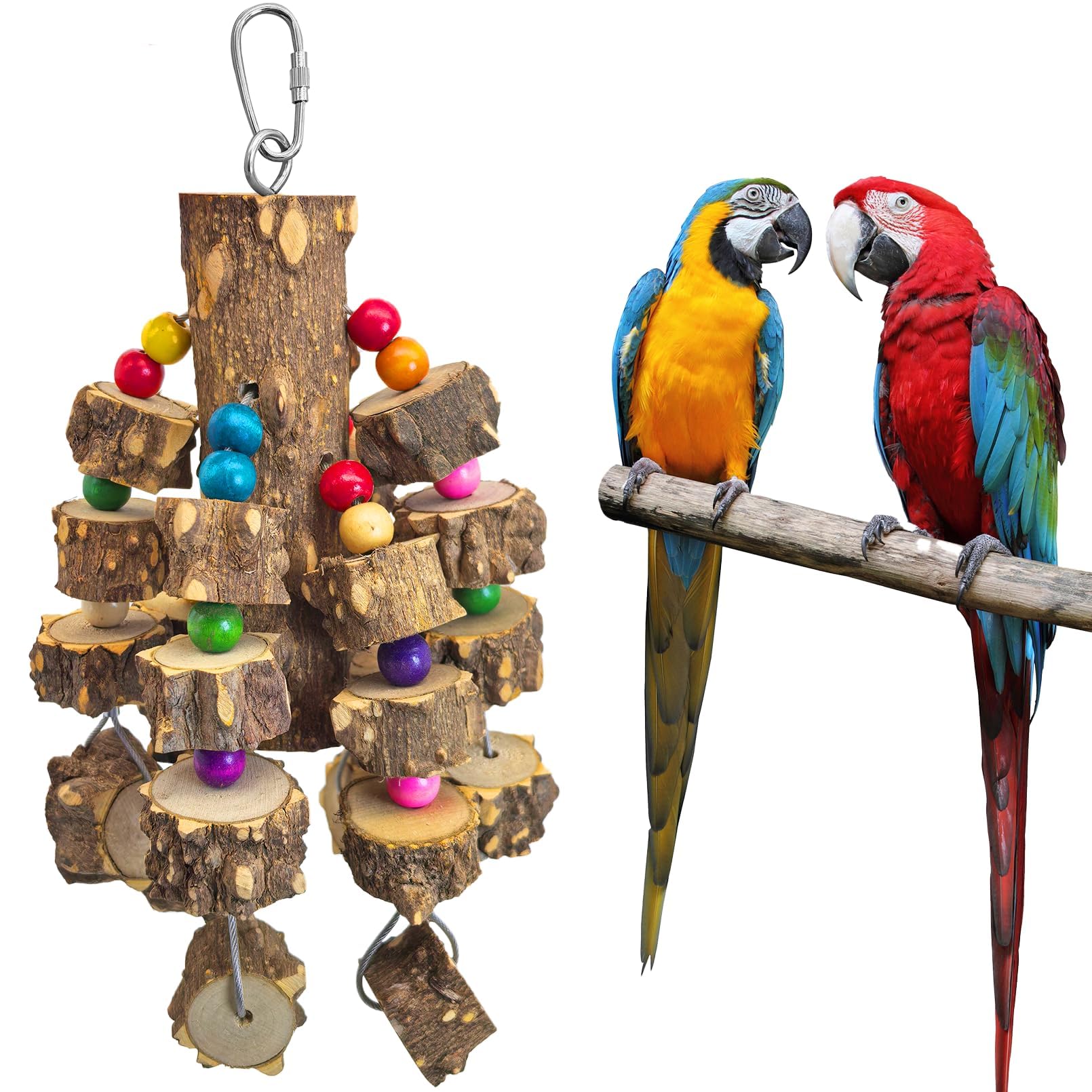 PINVNBY Wood Parrot Toys for Birds, Wire Link Durable Macaw Toys Large Natural Wooden Blocks Chew Toy for Small and Middle Parrots African Grey Macaws Cockatiels Eclectus