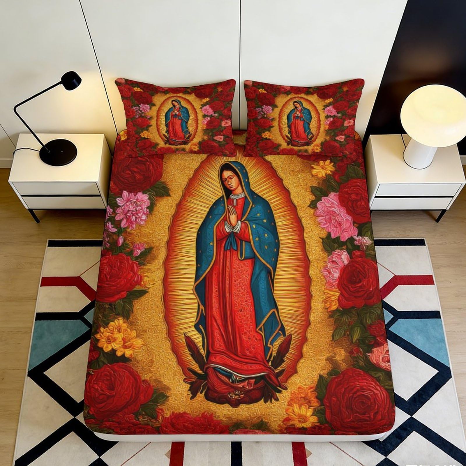 3D Printed Virgin Mary Fitted Sheet Microfiber Floral Mattress Cover for Bedroom Dorm Guest Bed Decor Protection 90x200x25cm