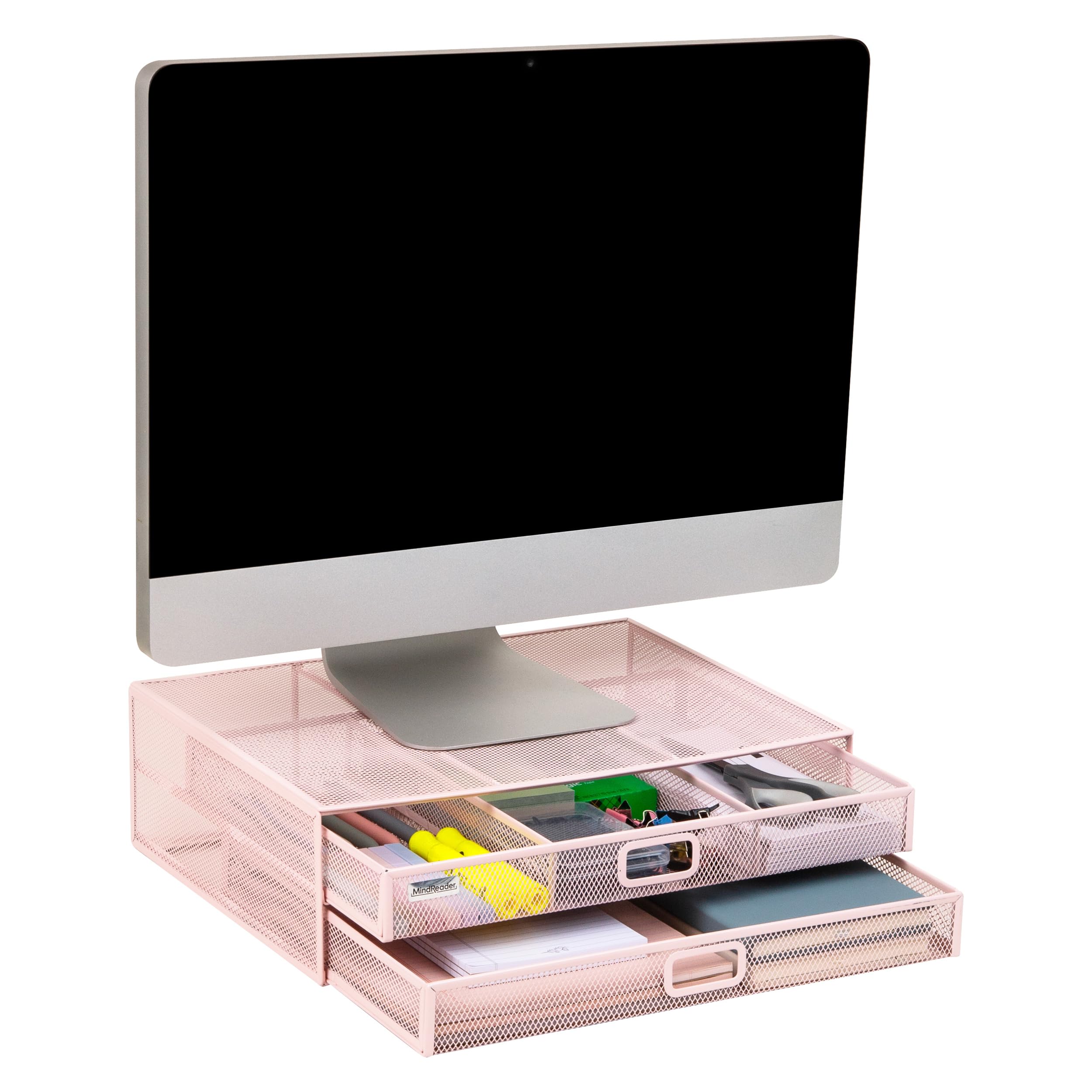 Mind Reader Supporto per monitor in rete con cassetto portaoggetti, alzata ventilata per laptop e organizer da scrivania, per ufficio, rete metallica, rosa