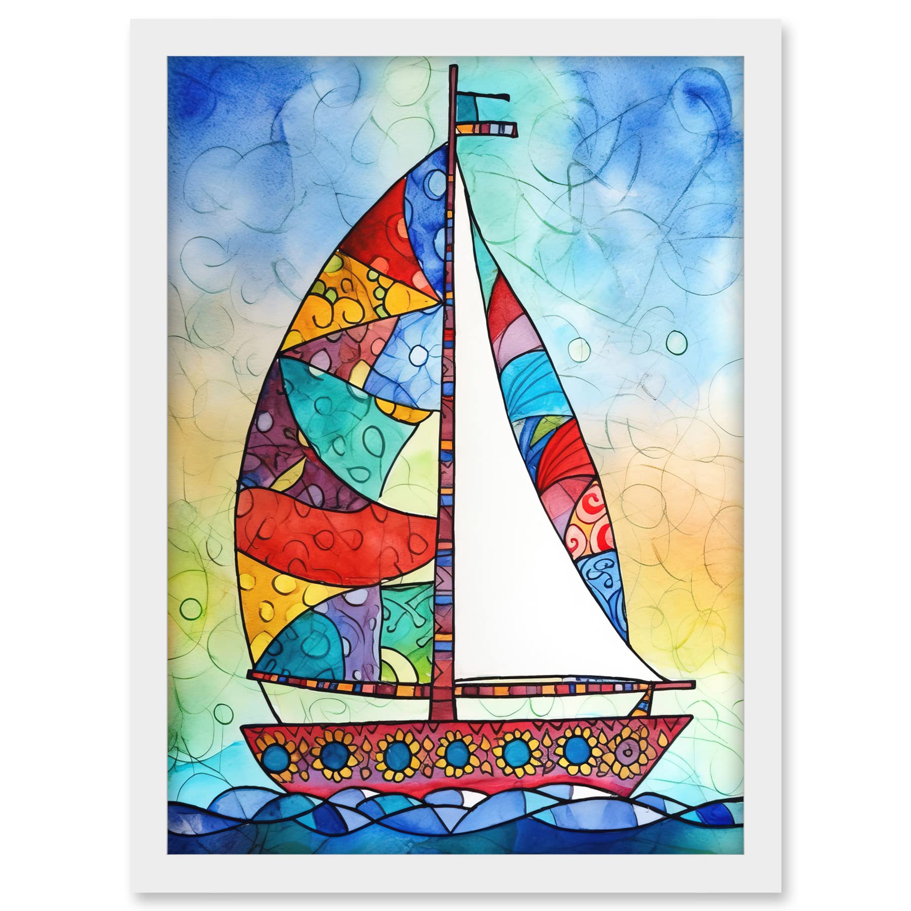 Artery8 Sailboat With Flower Pattern Folk Art Artwork Framed A3 Wall Art Print