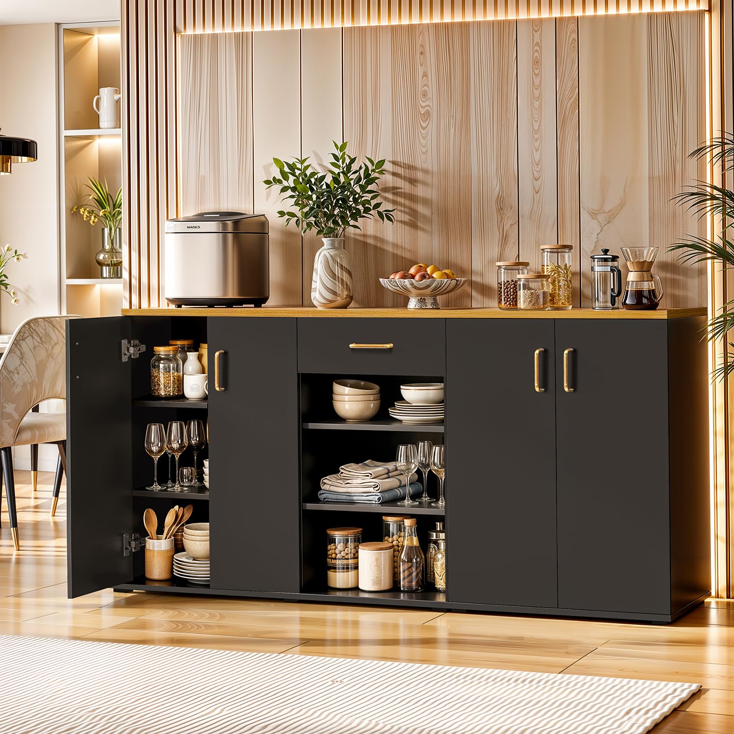 ABOUT SPACE 3ft Kitchen Storage Cabinet with Drawer, Open Shelf, Closed Cabinet 4 Door with Adjustable Shelves Modern Kitchen Rack Cupboard for Dining Room Living Room Entryway – CM Oak & Black Marble
